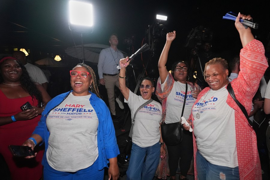 Supporters of Detroit mayoral candidate Mary Sheffield cheer at a campaign watch party Tuesday, Aug. 5, 2025, in Detroit. (AP Photo/Ryan Sun)