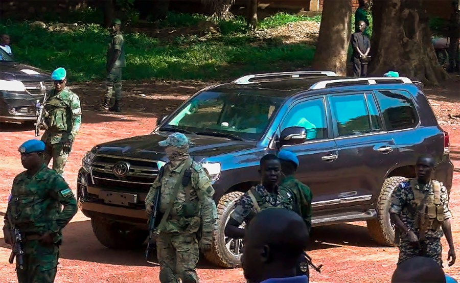 FILE - In this image taken from video, President of the Central African Republic Faustin-Archange Touadera arrives at a polling station in Bangui, Central African Republic, Sunday, July 30, 2023. (AP Photo, File)