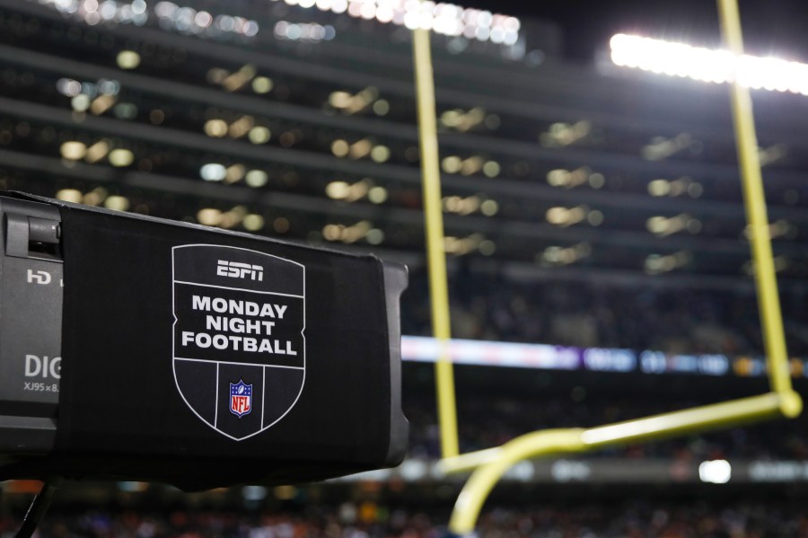 FILE - ESPN Monday Night Football TV camera is seen during the second half of an NFL football game between the Chicago Bears and Minnesota Vikings, Monday, Dec. 20, 2021, in Chicago. (AP Photo/Kamil Krzaczynski, File)