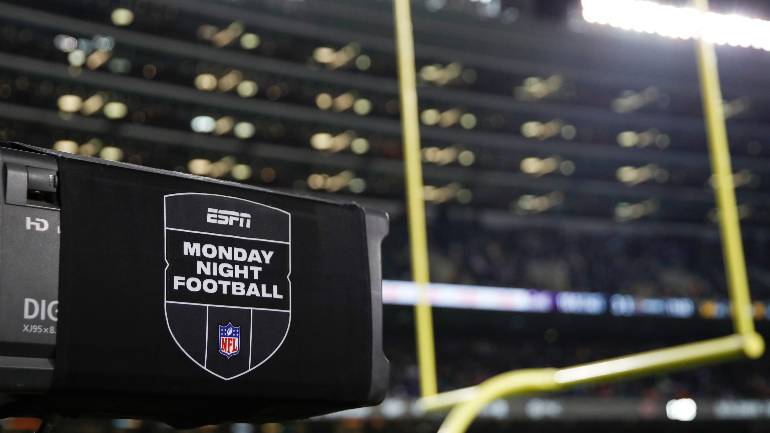 FILE - ESPN Monday Night Football TV camera is seen during the second half of an NFL football game between the Chicago Bears and Minnesota Vikings, Monday, Dec. 20, 2021, in Chicago. (AP Photo/Kamil Krzaczynski, File)