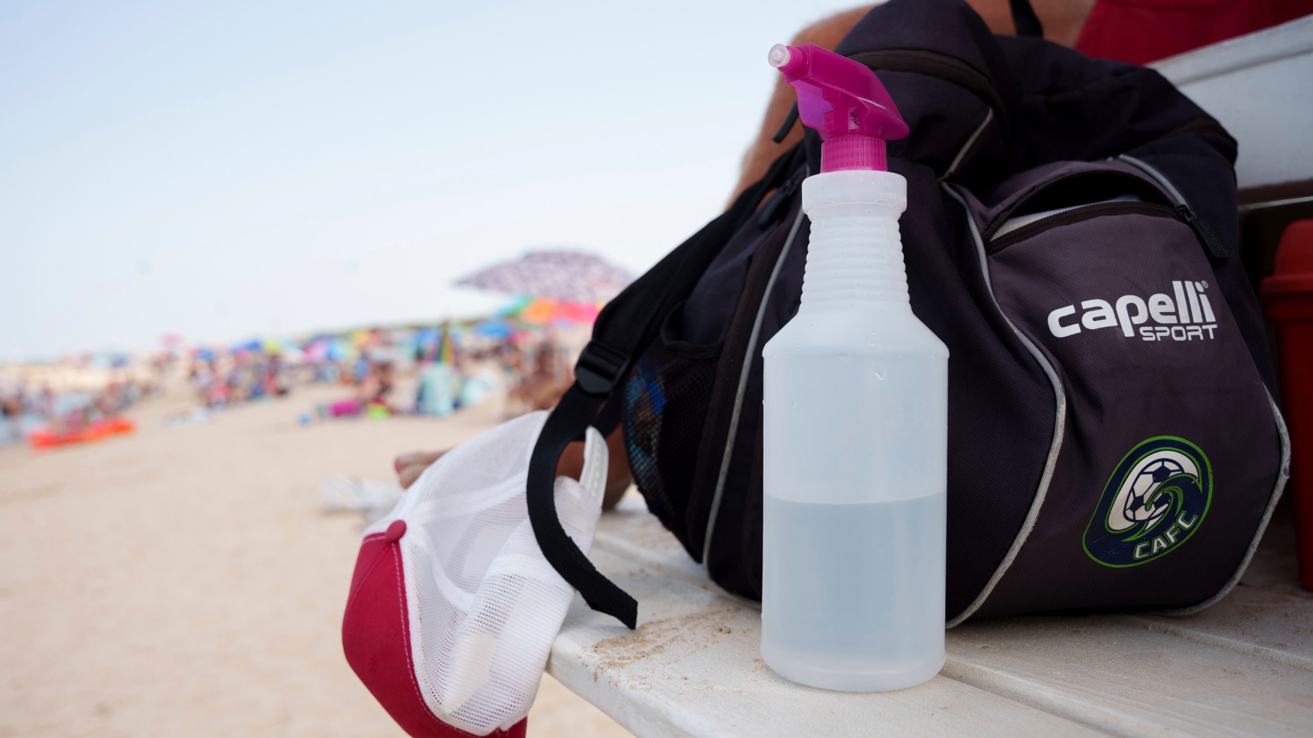 A vinegar-based solution, for the treatment of jellyfish stings, at a Lewes Beach Patrol lifeguard station at Savannah Beach, in Lewes, Del., on Wednesday, July 30, 2025. (AP Photo/Mingson Lau)