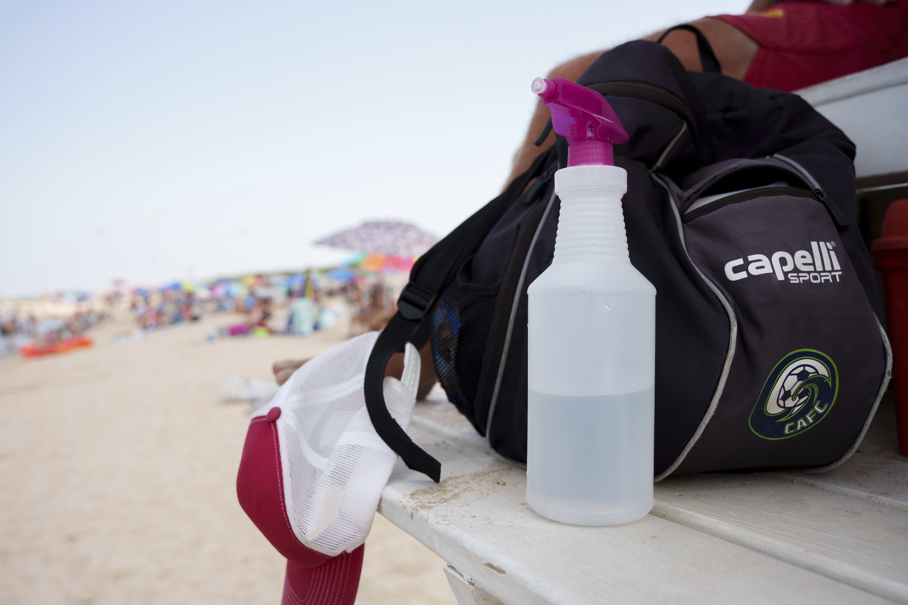 A vinegar-based solution, for the treatment of jellyfish stings, at a Lewes Beach Patrol lifeguard station at Savannah Beach, in Lewes, Del., on Wednesday, July 30, 2025. (AP Photo/Mingson Lau)