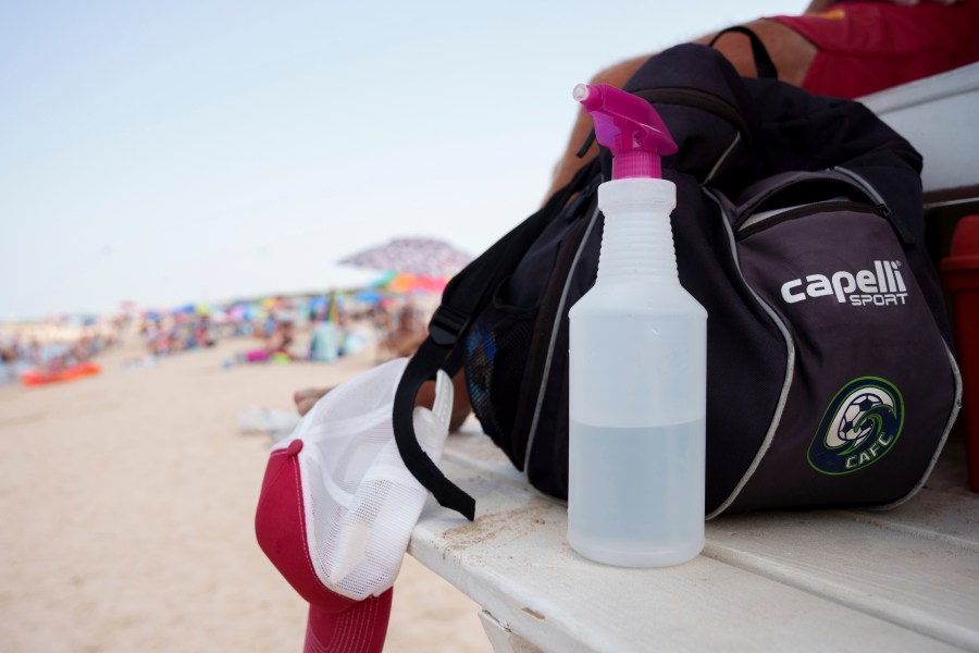 A vinegar-based solution, for the treatment of jellyfish stings, at a Lewes Beach Patrol lifeguard station at Savannah Beach, in Lewes, Del., on Wednesday, July 30, 2025. (AP Photo/Mingson Lau)
