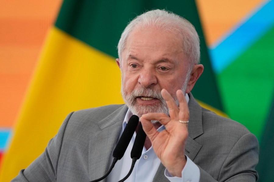 Brazilian President Luiz Inacio Lula da Silva speaks during an event at Planalto presidential palace in Brasilia, Brazil, Friday, Aug. 1, 2025. (AP Photo/Eraldo Peres)