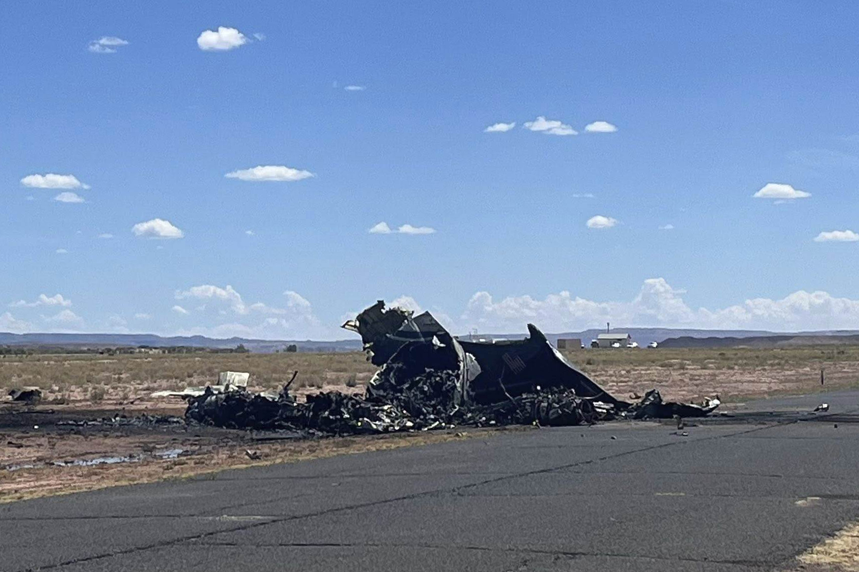 This image released by the Navajo Nation Police Department shows a medical transport plane after it crashed near the airport in Chinle, Ariz., on Tuesday, Aug. 5, 2025. (Navajo Nation Police Department)