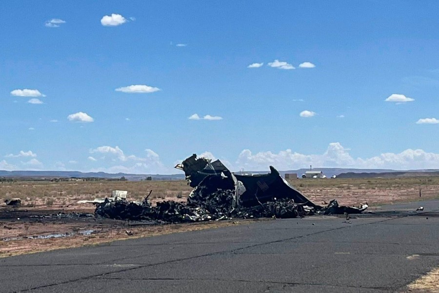 This image released by the Navajo Nation Police Department shows a medical transport plane after it crashed near the airport in Chinle, Ariz., on Tuesday, Aug. 5, 2025. (Navajo Nation Police Department)