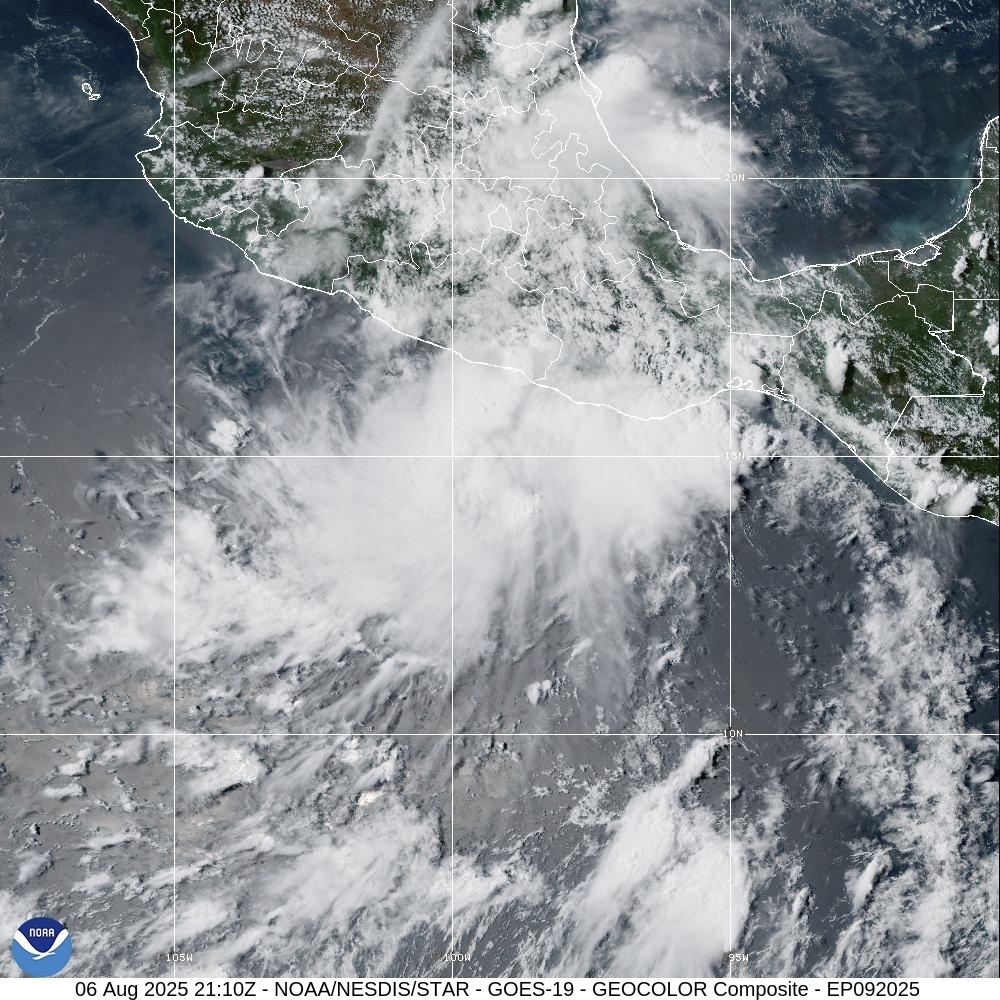 This satellite image from the National Oceanic and Atmospheric Administration taken at 5:10pm ET shows Tropical Storm Ivo off the coast of southern Mexico in the eastern Pacific Ocean on Wednesday, Aug. 6, 2025. (NOAA via AP)