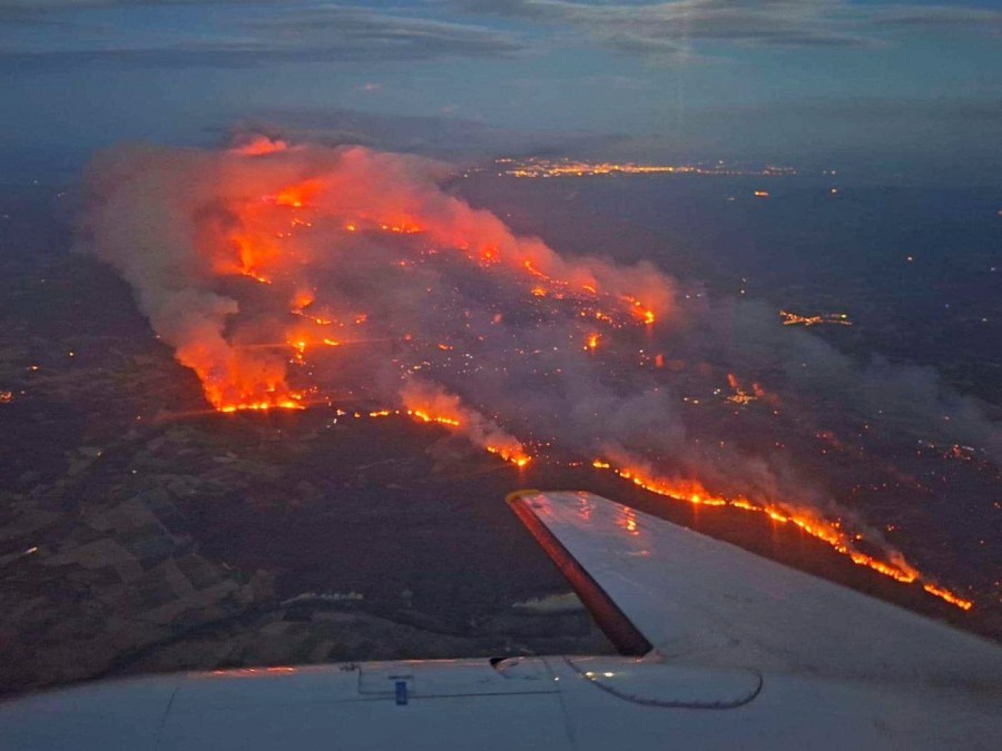 This photo provided by the Securite Civile shows an aerial view of the wildfire in a Mediterranean region near the Spanish border, southern France, Tuesday, Aug. 5, 2025. (Securite Civile via AP)