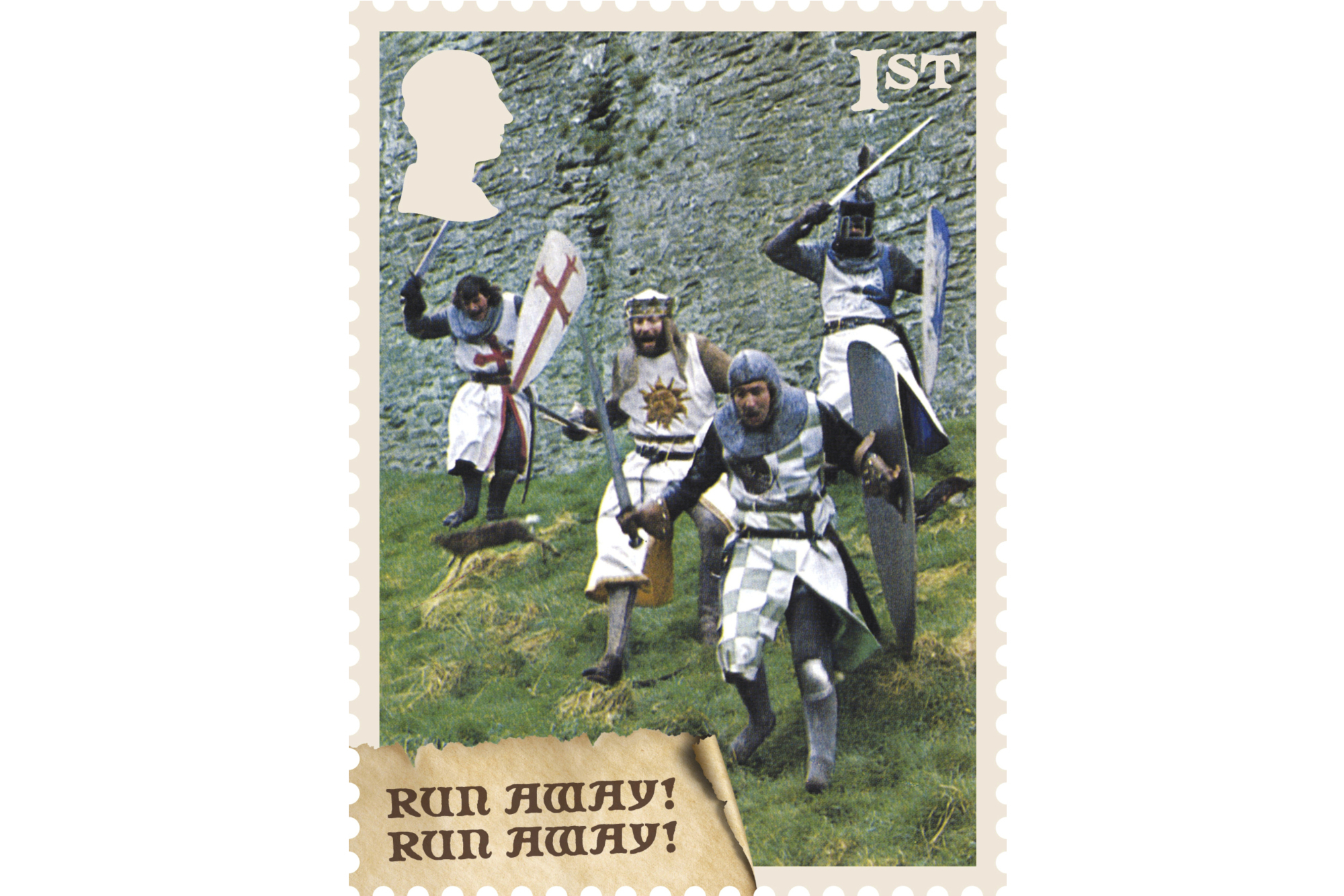 This photo provided by the Royal Mail on Wednesday Aug. 6, 2025 shows a Monty Python Holy Grail stamp issued to celebrate the 50th anniversary of the film. (Royal Mail via AP)