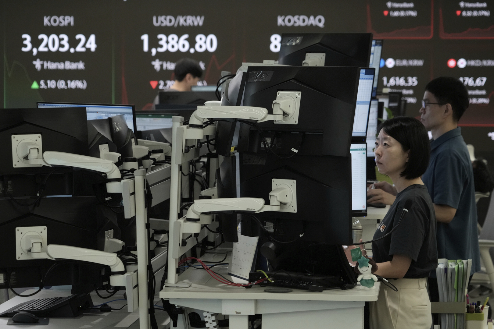 Currency traders watch monitors near a screen showing the Korea Composite Stock Price Index (KOSPI), top left, and the foreign exchange rate between U.S. dollar and South Korean won at the foreign exchange dealing room of the Hana Bank headquarters in Seoul, South Korea, Thursday, Aug. 7, 2025. (AP Photo/Ahn Young-joon)