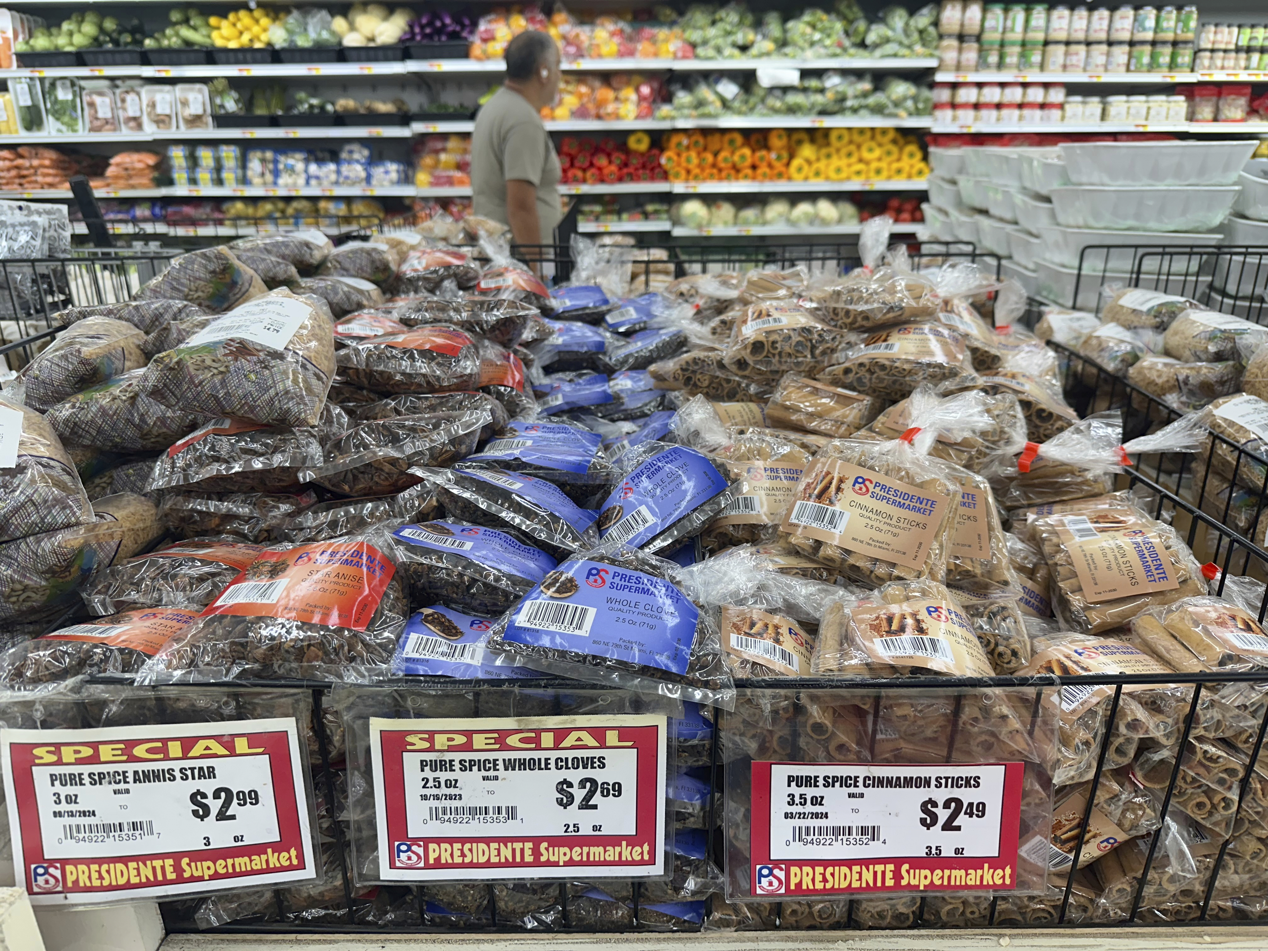 Tropical spices are displayed for sale at a Presidente Supermarket, Wednesday, Aug. 6, 2025, in North Miami, Fla. (AP Photo/Marta Lavandier)