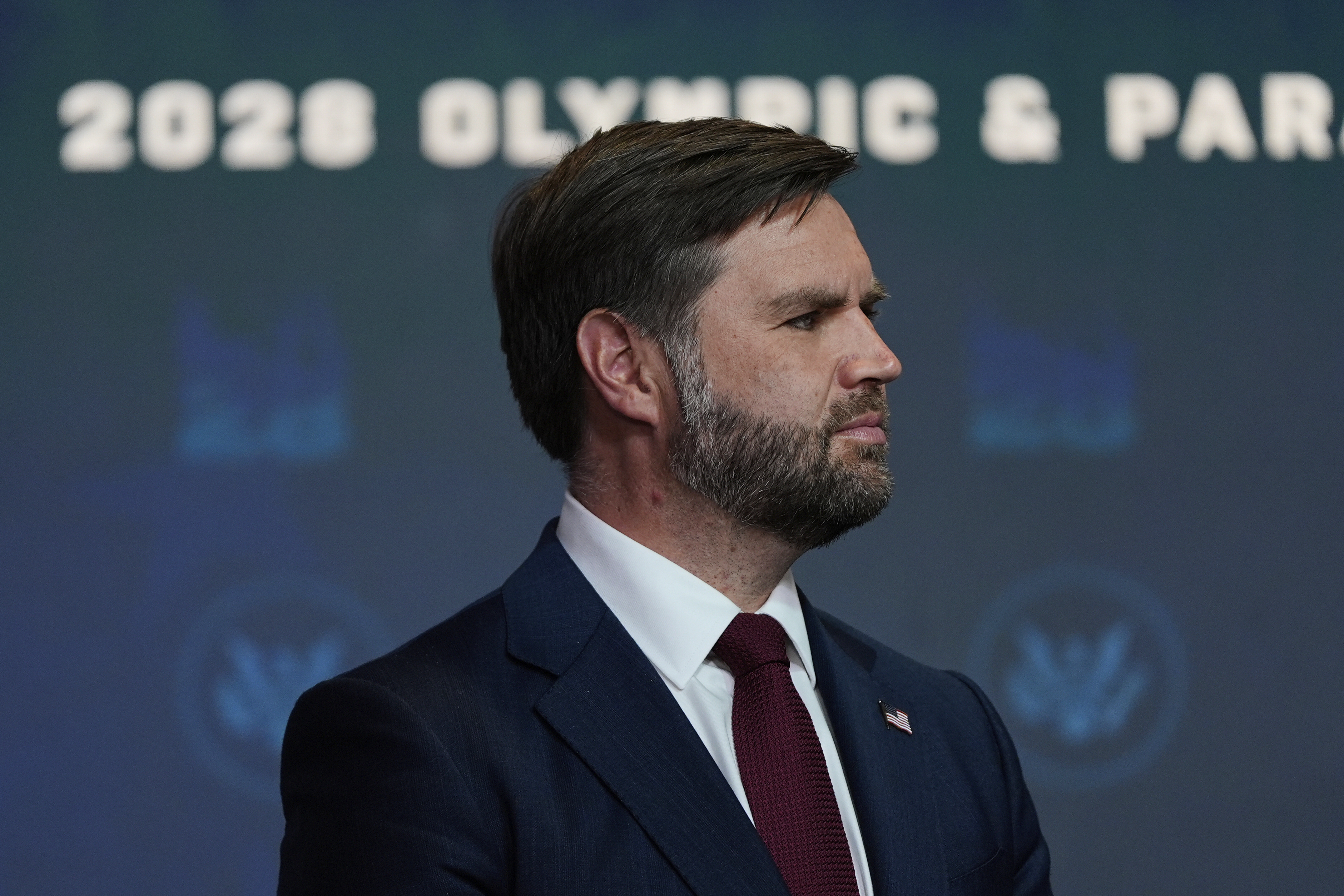 FILE -Vice President JD Vance listens as President Donald Trump speaks, Aug. 5, 2025, in Washington. (AP Photo/Julia Demaree Nikhinson, File)