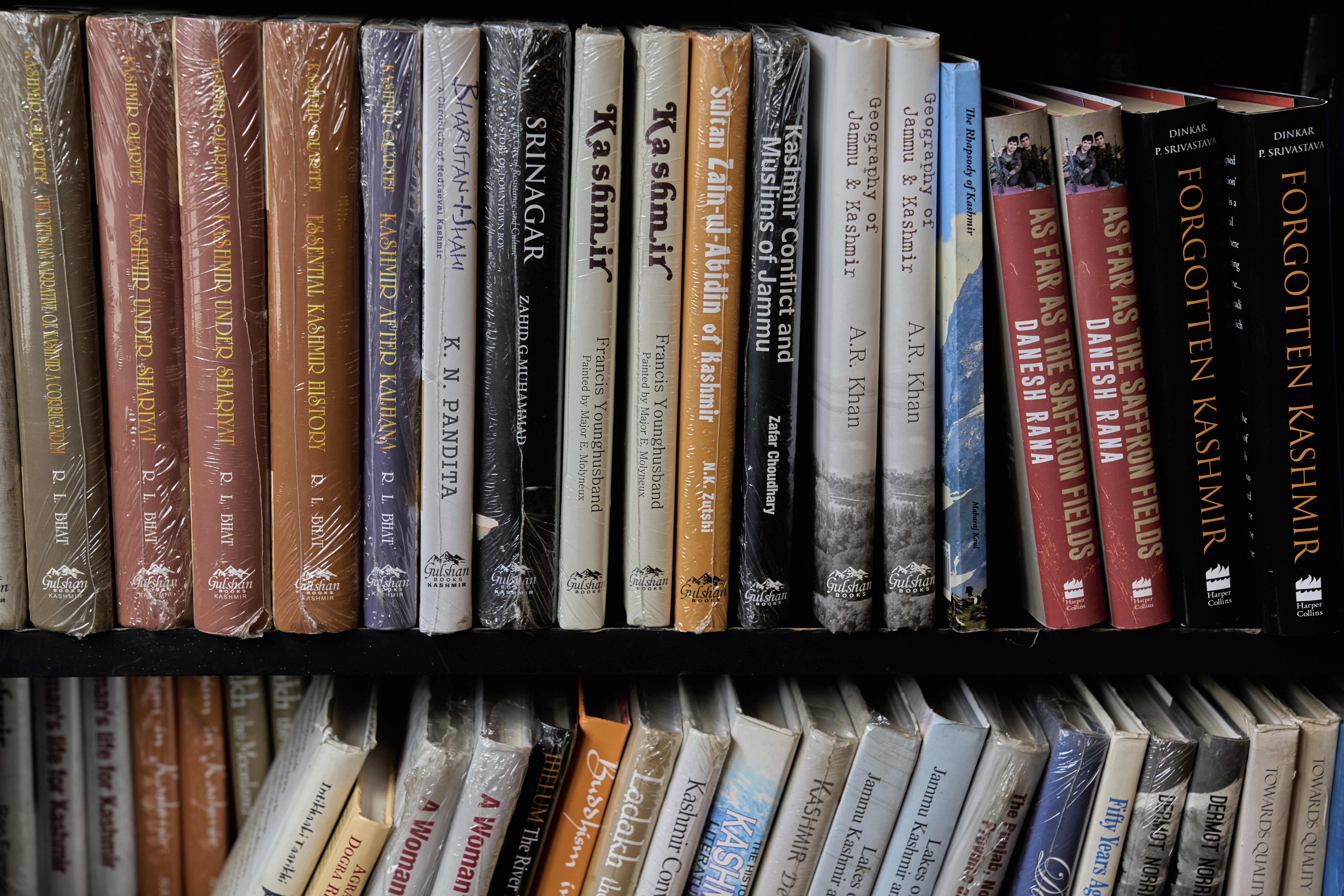 Books on Kashmir are displayed inside a book store in Srinagar, India, Thursday, Aug. 7, 2025. (AP Photo/ Dar Yasin )