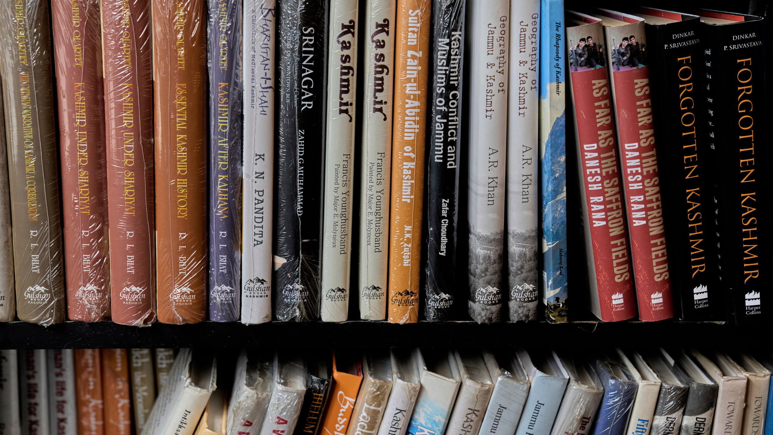Books on Kashmir are displayed inside a book store in Srinagar, India, Thursday, Aug. 7, 2025. (AP Photo/ Dar Yasin )