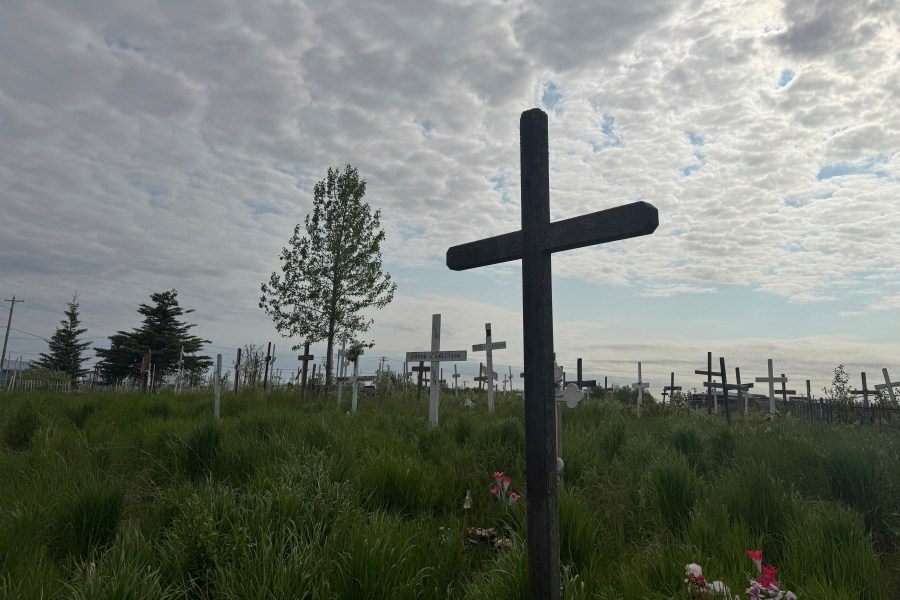 Crosses are seen at the Ridgecrest Memorial Cemetery in Bethel, Alaska, on June 17, 2025. (AP Photo/Mark Thiessen)