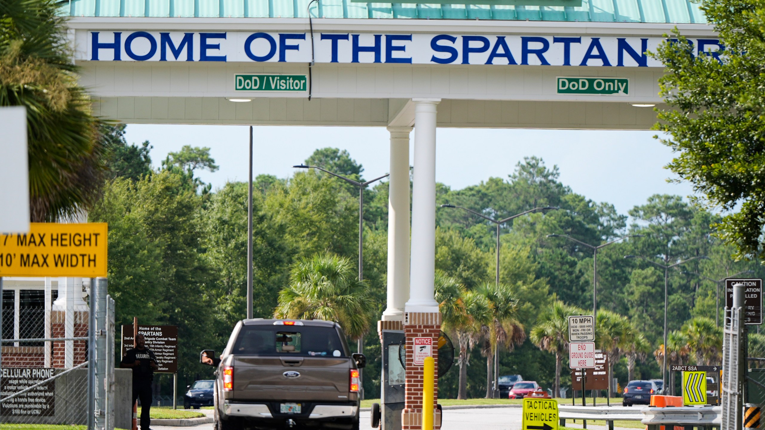 Marshall Gate at Fort Stewart in Georgia is seen on Wednesday, Aug. 6, 2025. (AP Photo/Mike Stewart)