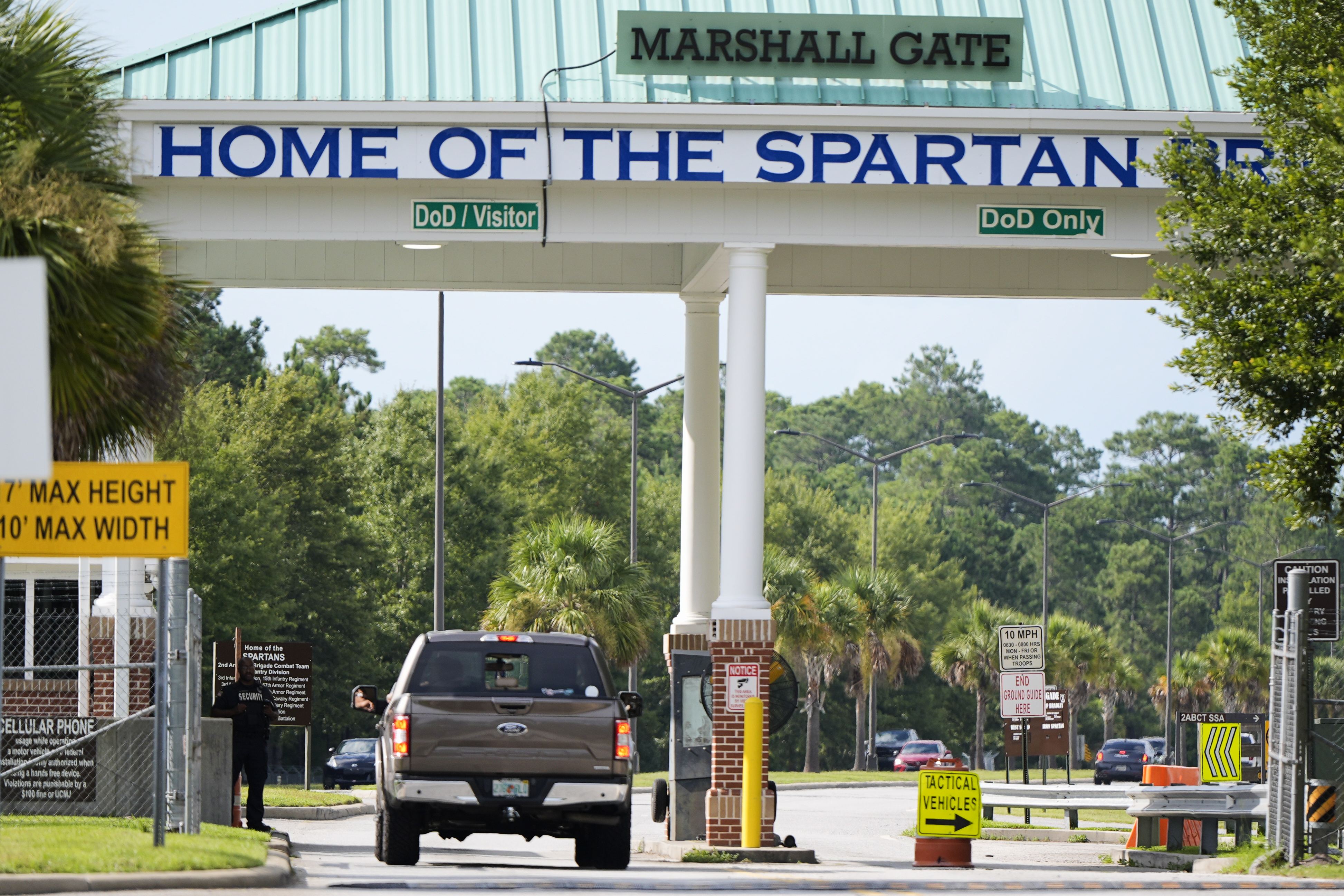 Marshall Gate at Fort Stewart in Georgia is seen on Wednesday, Aug. 6, 2025. (AP Photo/Mike Stewart)