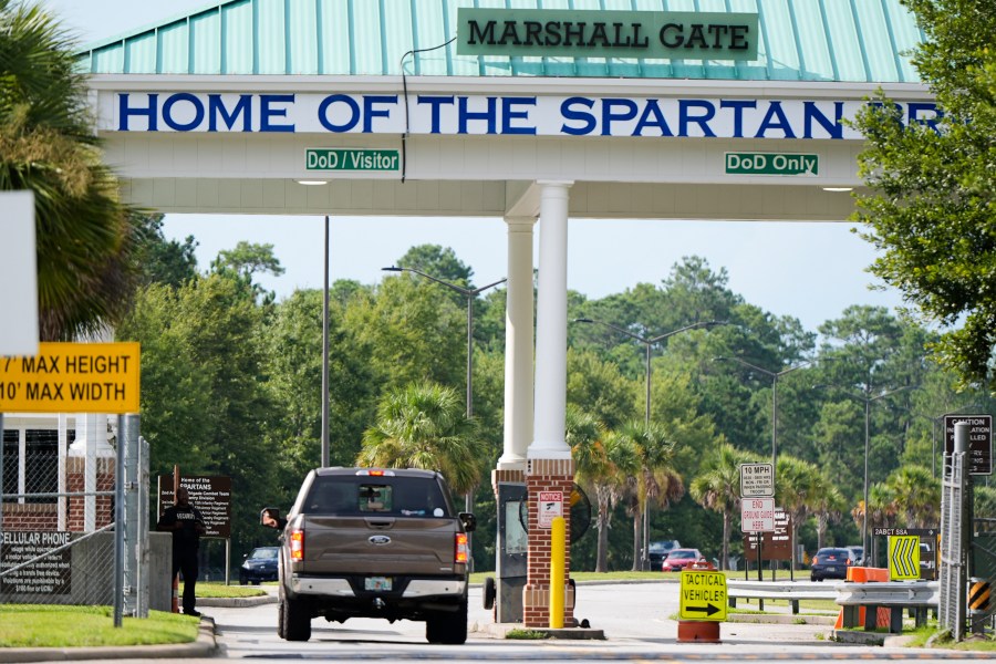 Marshall Gate at Fort Stewart in Georgia is seen on Wednesday, Aug. 6, 2025. (AP Photo/Mike Stewart)