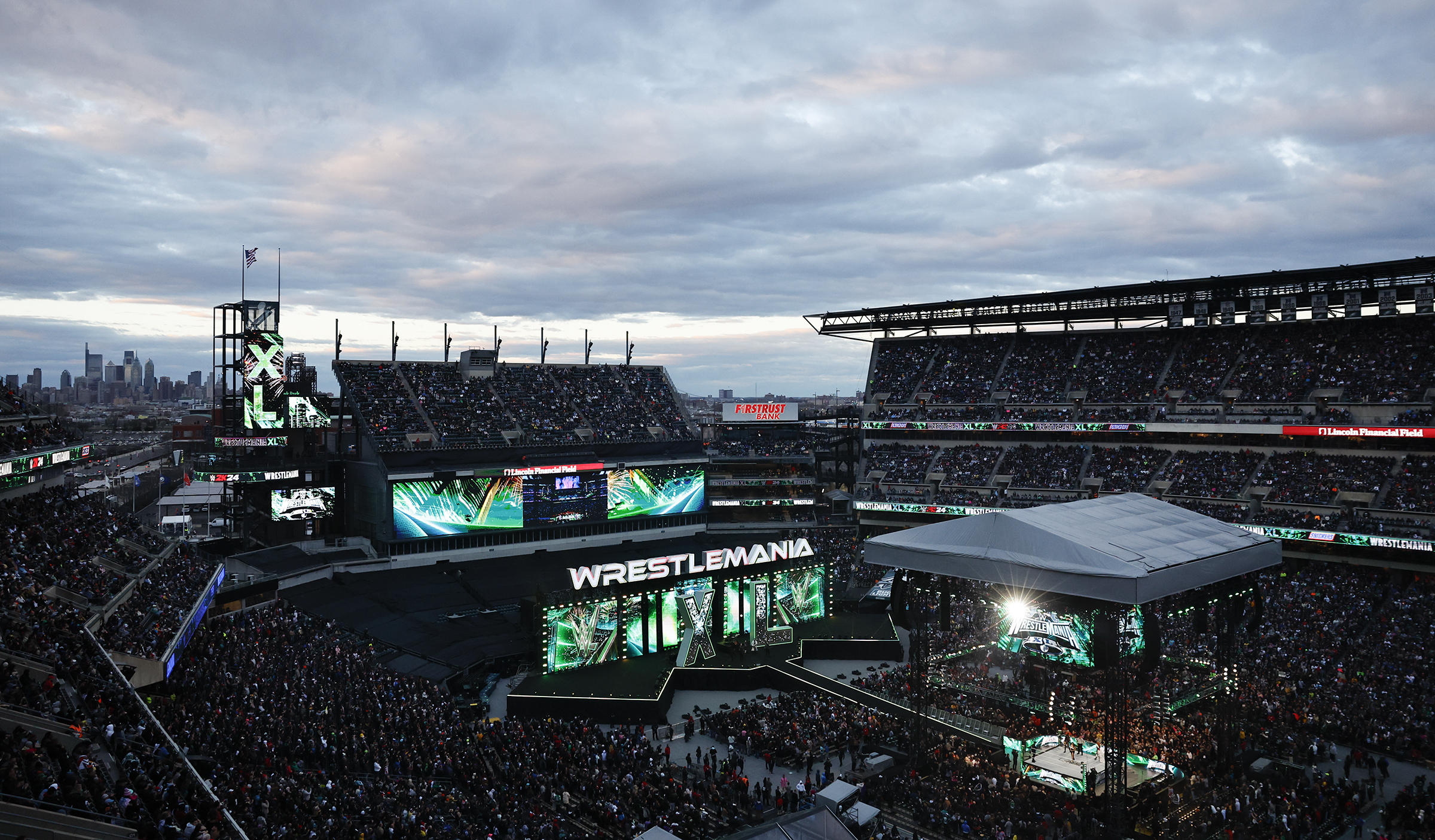FILE - WrestleMania XL prepares at Lincoln Financial Field on Saturday, April 6, 2024. (Yong Kim/The Philadelphia Inquirer via AP, File)