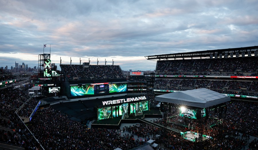 FILE - WrestleMania XL prepares at Lincoln Financial Field on Saturday, April 6, 2024. (Yong Kim/The Philadelphia Inquirer via AP, File)