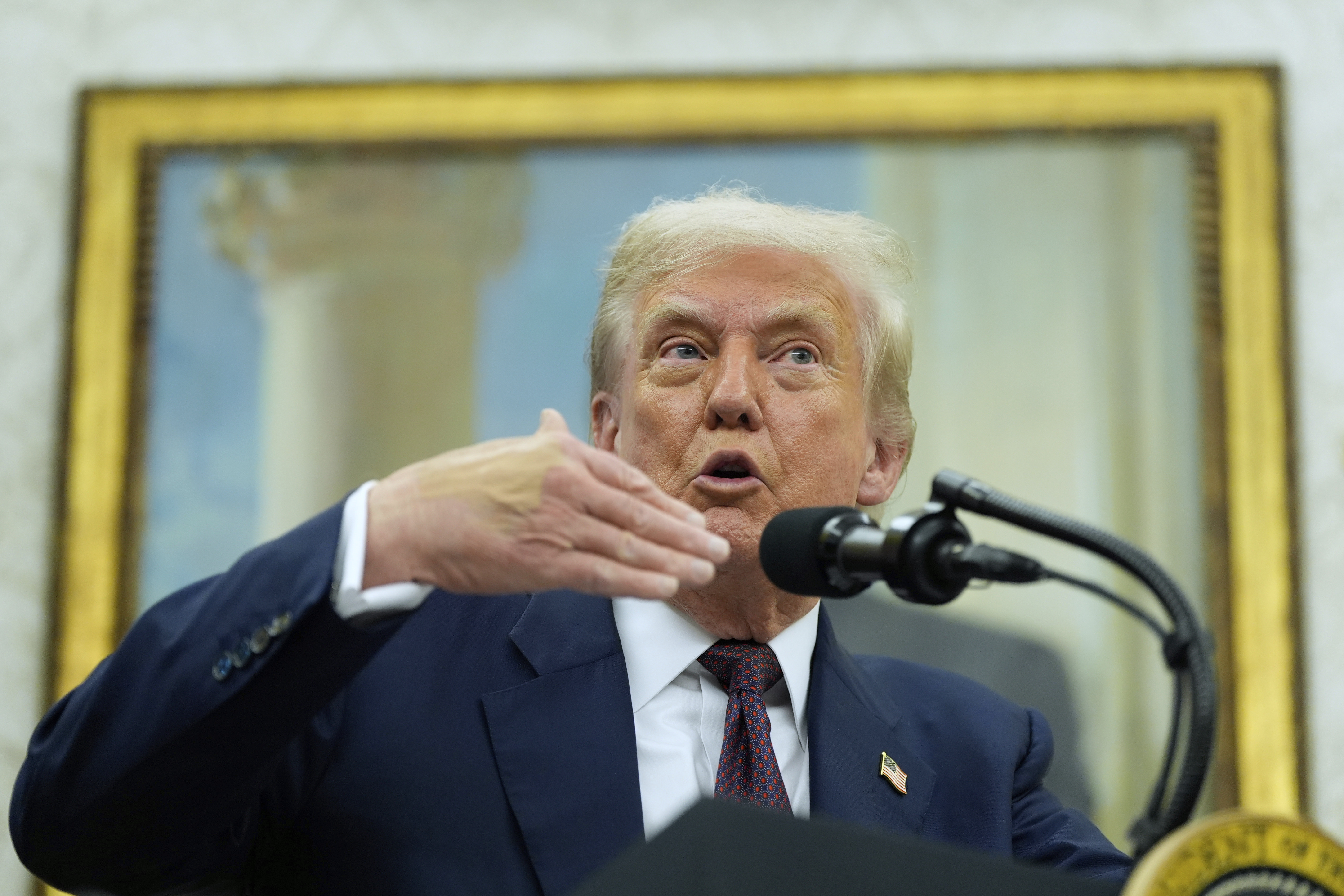 President Donald Trump speaks in the Oval Office, Aug. 6, 2025, in Washington. (AP Photo/Alex Brandon)