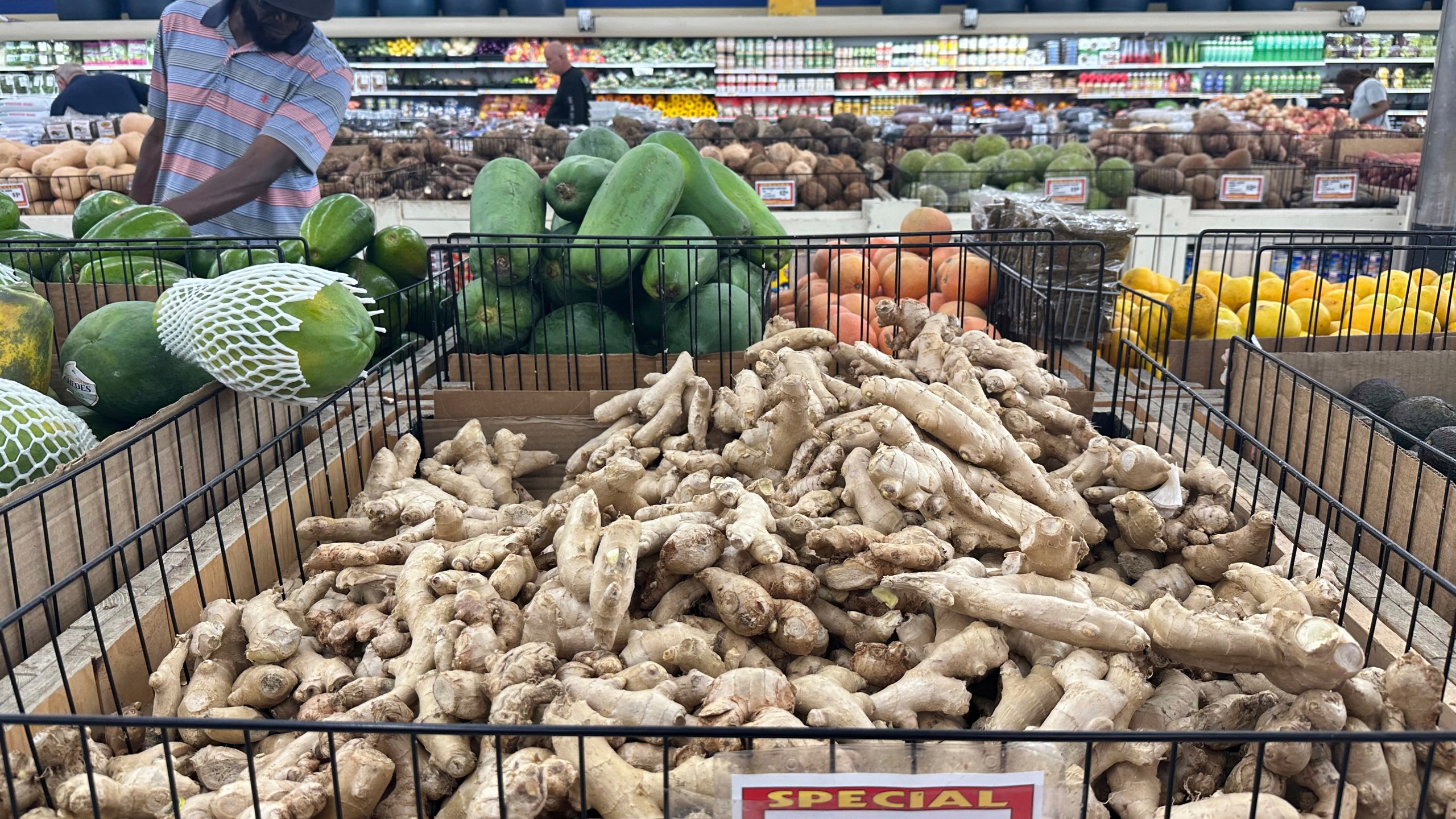 Ginger from Brazil is displayed for sale at a Presidente Supermarket, Wednesday, Aug. 6, 2025, in North Miami, Fla. (AP Photo/Marta Lavandier)