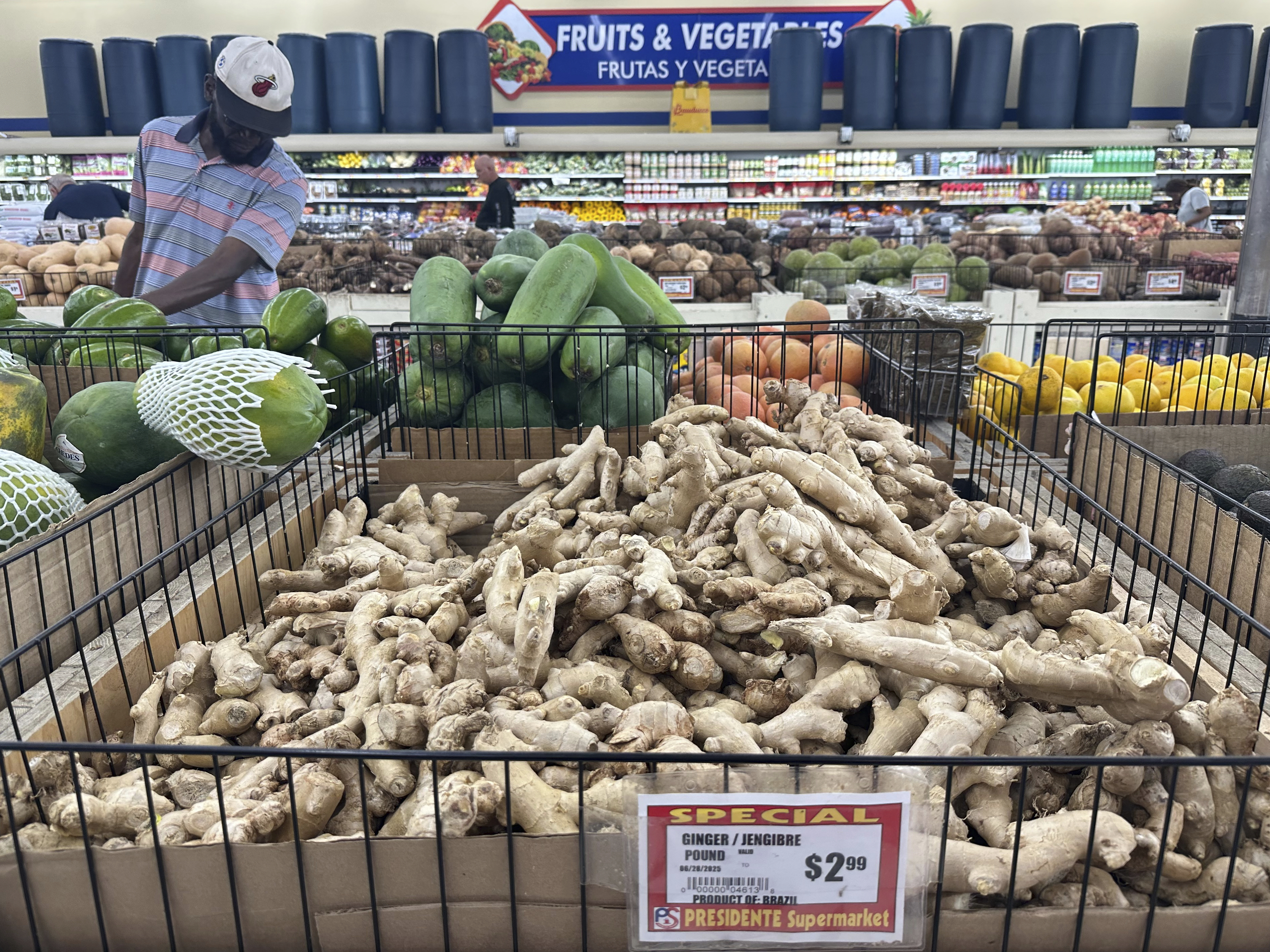 Ginger from Brazil is displayed for sale at a Presidente Supermarket, Wednesday, Aug. 6, 2025, in North Miami, Fla. (AP Photo/Marta Lavandier)