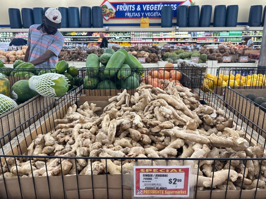 Ginger from Brazil is displayed for sale at a Presidente Supermarket, Wednesday, Aug. 6, 2025, in North Miami, Fla. (AP Photo/Marta Lavandier)