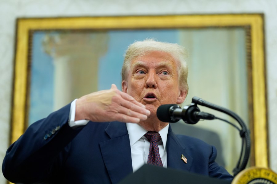 President Donald Trump speaks in the Oval Office, Aug. 6, 2025, in Washington. (AP Photo/Alex Brandon)