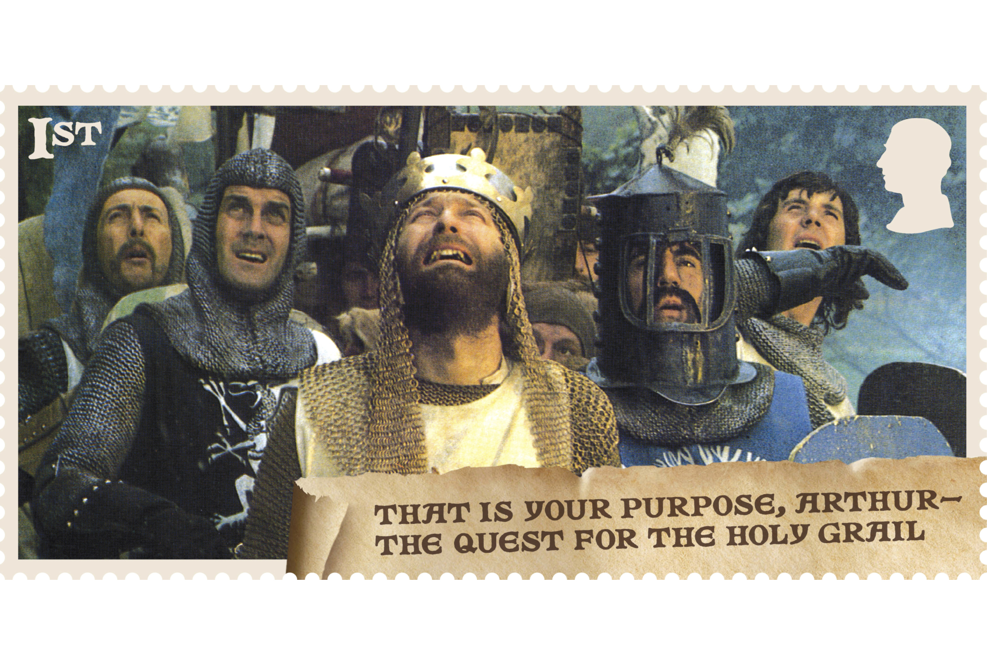 This photo provided by the Royal Mail on Wednesday Aug. 6, 2025 shows a Monty Python Holy Grail stamp issued to celebrate the 50th anniversary of the film. (Royal Mail via AP)