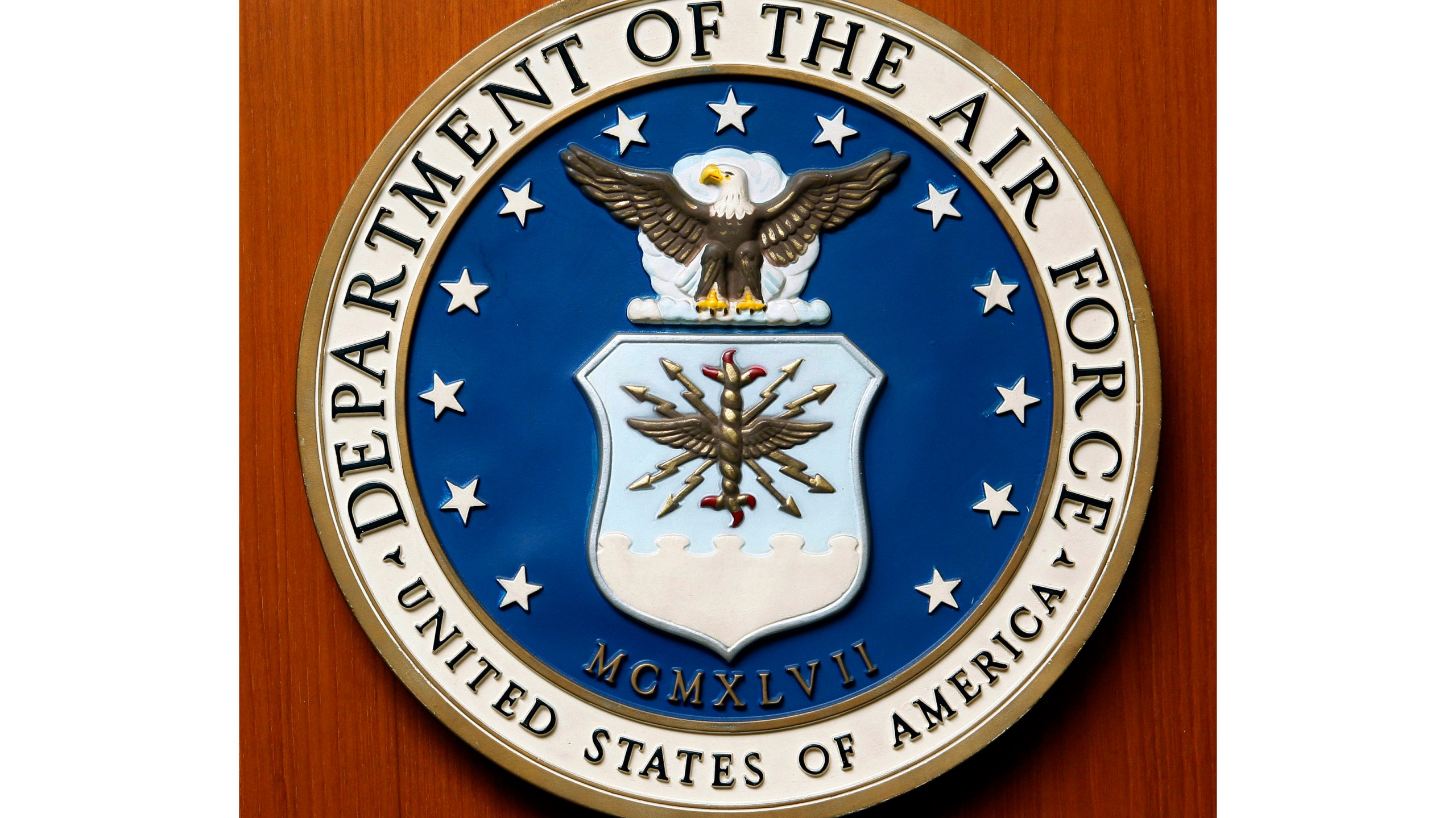 FILE - The logo of the Department of the U.S. Air Force at the United Staes embassy, in Berlin, Aug. 10, 2007. (AP Photo/Michael Sohn, File)