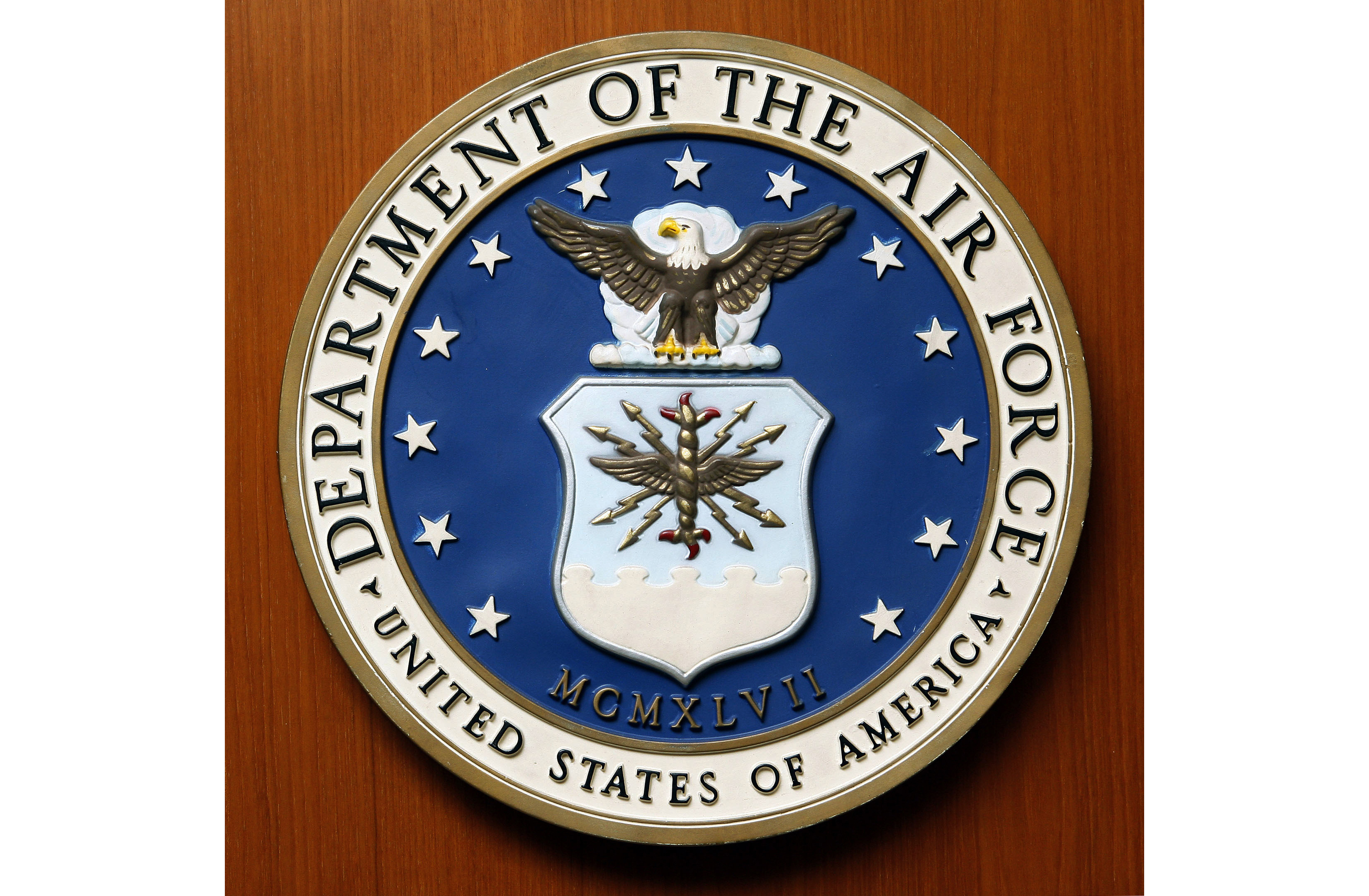 FILE - The logo of the Department of the U.S. Air Force at the United Staes embassy, in Berlin, Aug. 10, 2007. (AP Photo/Michael Sohn, File)
