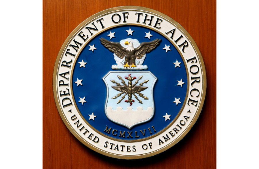 FILE - The logo of the Department of the U.S. Air Force at the United Staes embassy, in Berlin, Aug. 10, 2007. (AP Photo/Michael Sohn, File)