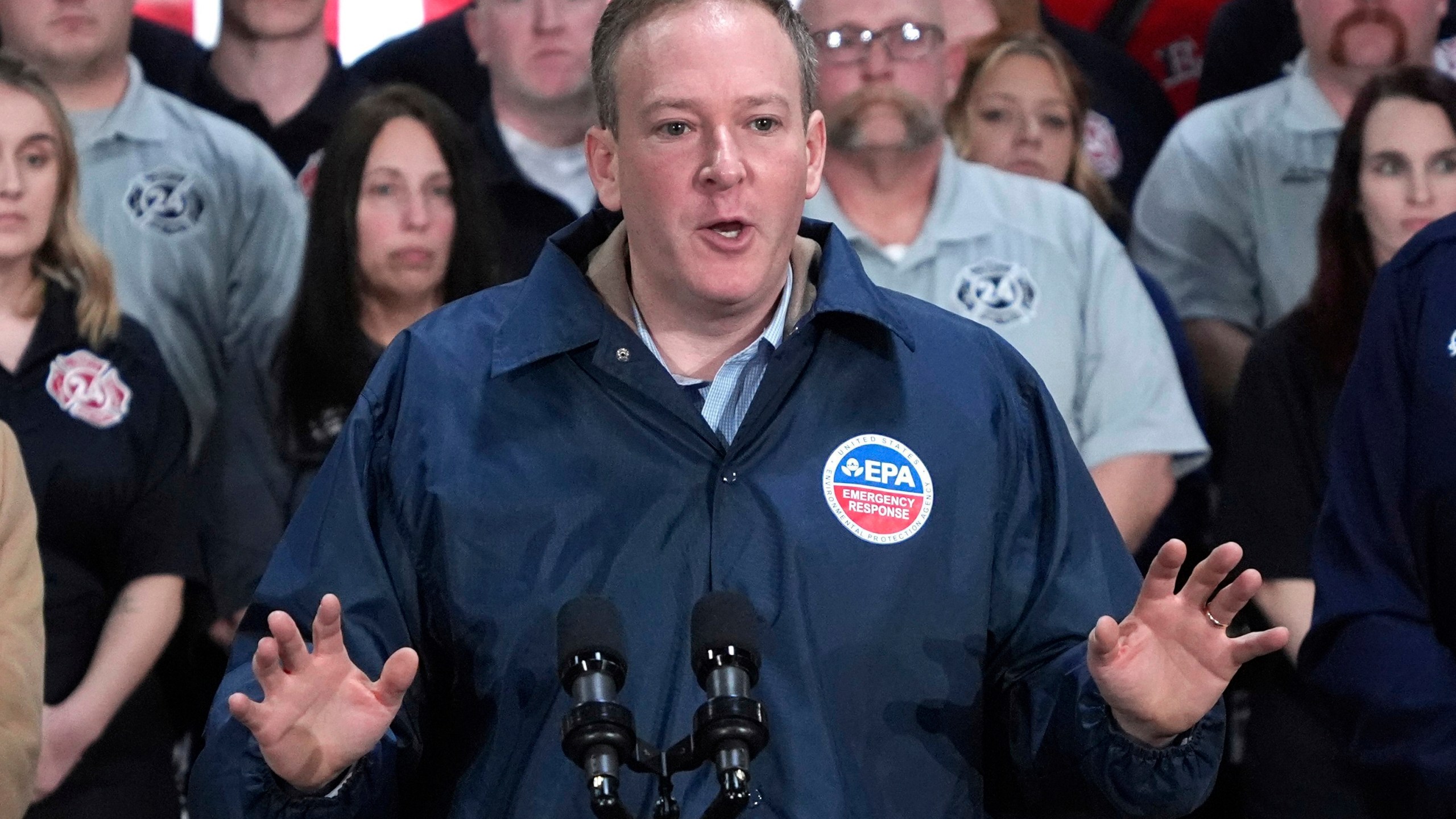 FILE - Environmental Protection Agency administrator Lee Zeldin speaks, Feb 3, 2025, in East Palestine, Ohio. (AP Photo/Gene J. Puskar, File)