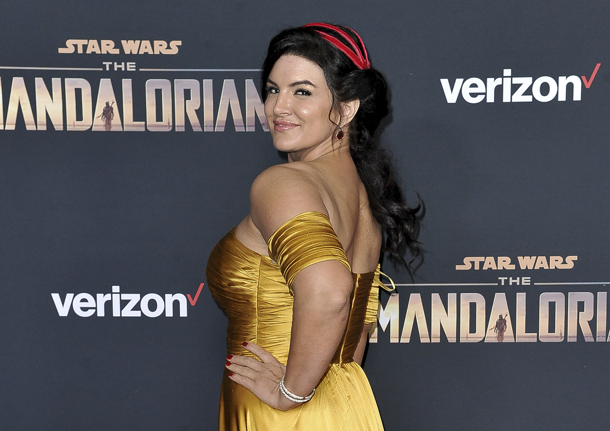 FILE - Gina Carano attends the LA premiere of "The Mandalorian" at El Capitan Theatre in Los Angeles, Nov. 13, 2019. (Photo by Richard Shotwell/Invision/AP, File)