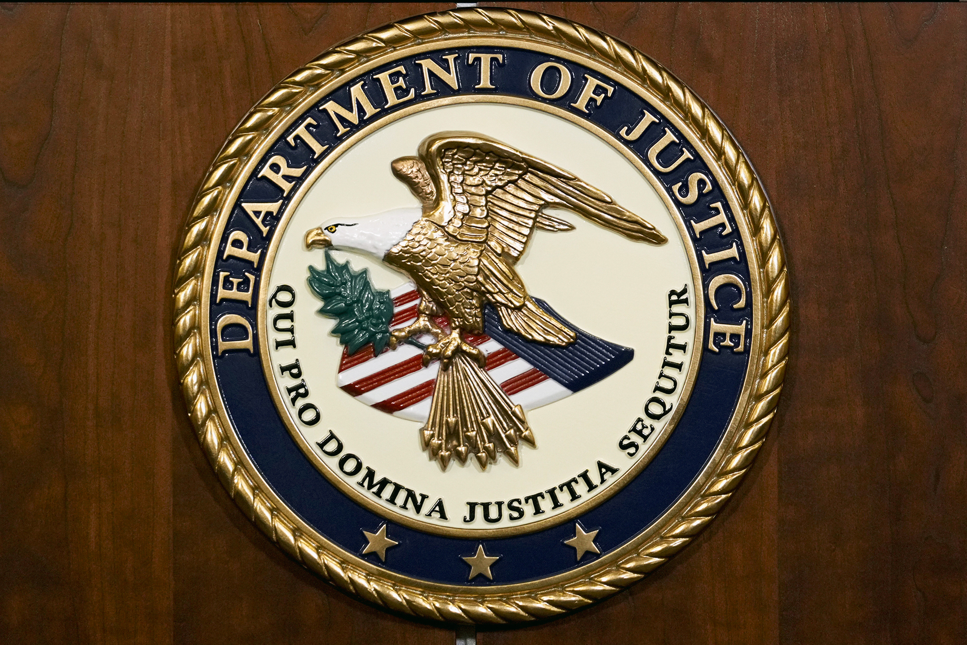 FILE - The seal of the Department of Justice is shown in Washington, Aug. 1, 2023. (AP Photo/J. Scott Applewhite, File)