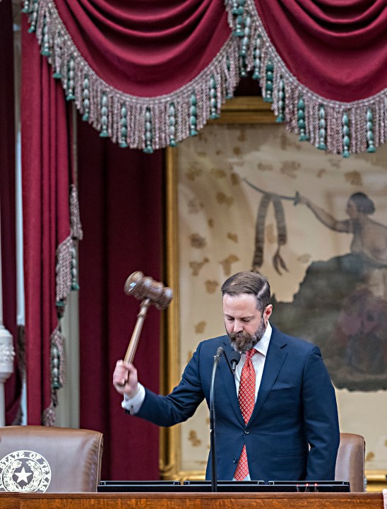 Texas House Speaker, Dustin Borrow, R - Lubbock, adjourns the House after a quorum was not met at the State Capitol, Friday, Aug. 8, 2025, in Austin, Texas. (AP Photo/Rodolfo Gonzalez)