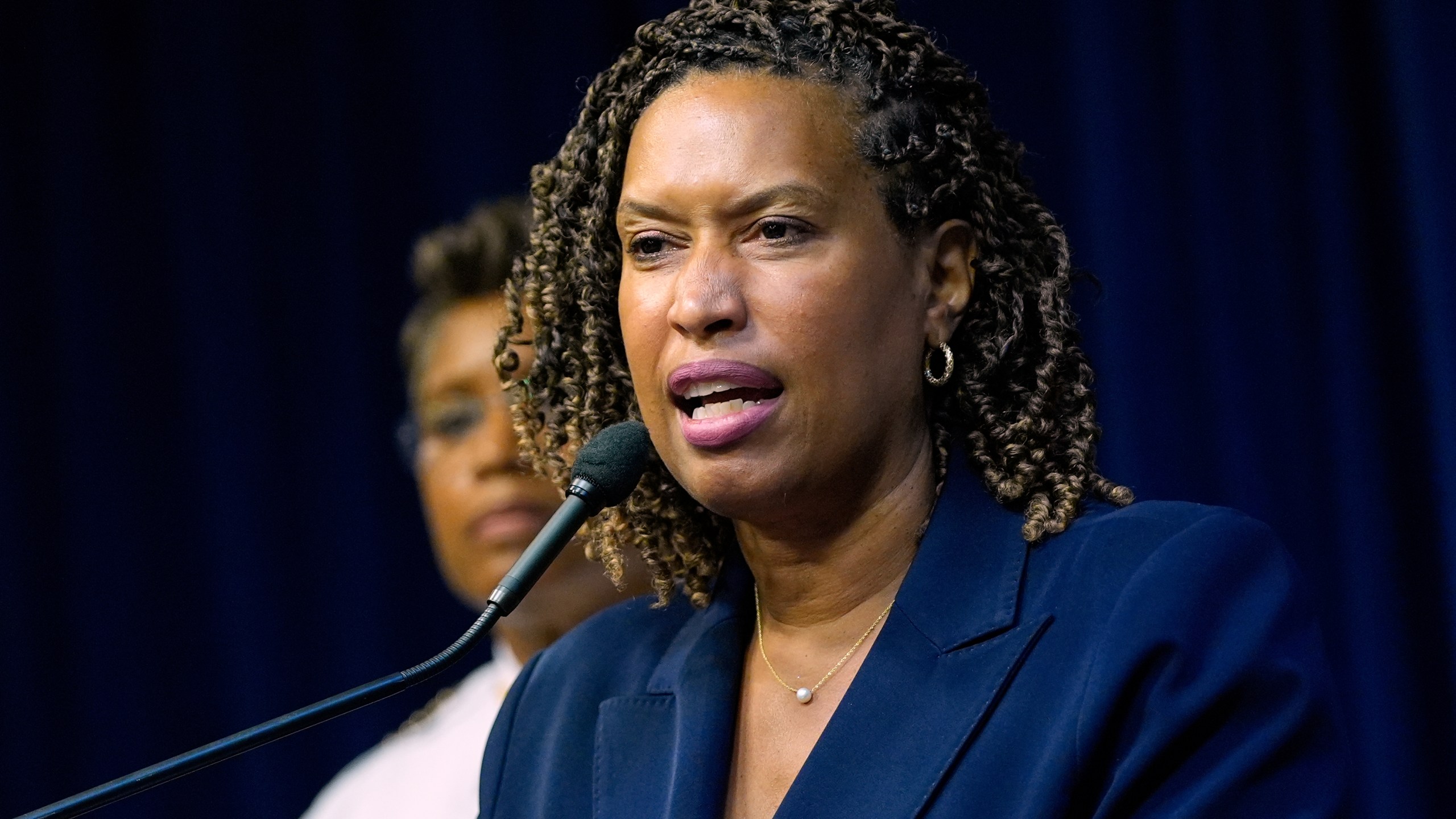 Washington Mayor Muriel Bowser speaks during a news conference on President Donald Trump's plan to place Washington police under federal control and deploy National guard troops to Washington, Monday, Aug. 11, 2025, in Washington. (AP Photo/Julia Demaree Nikhinson)