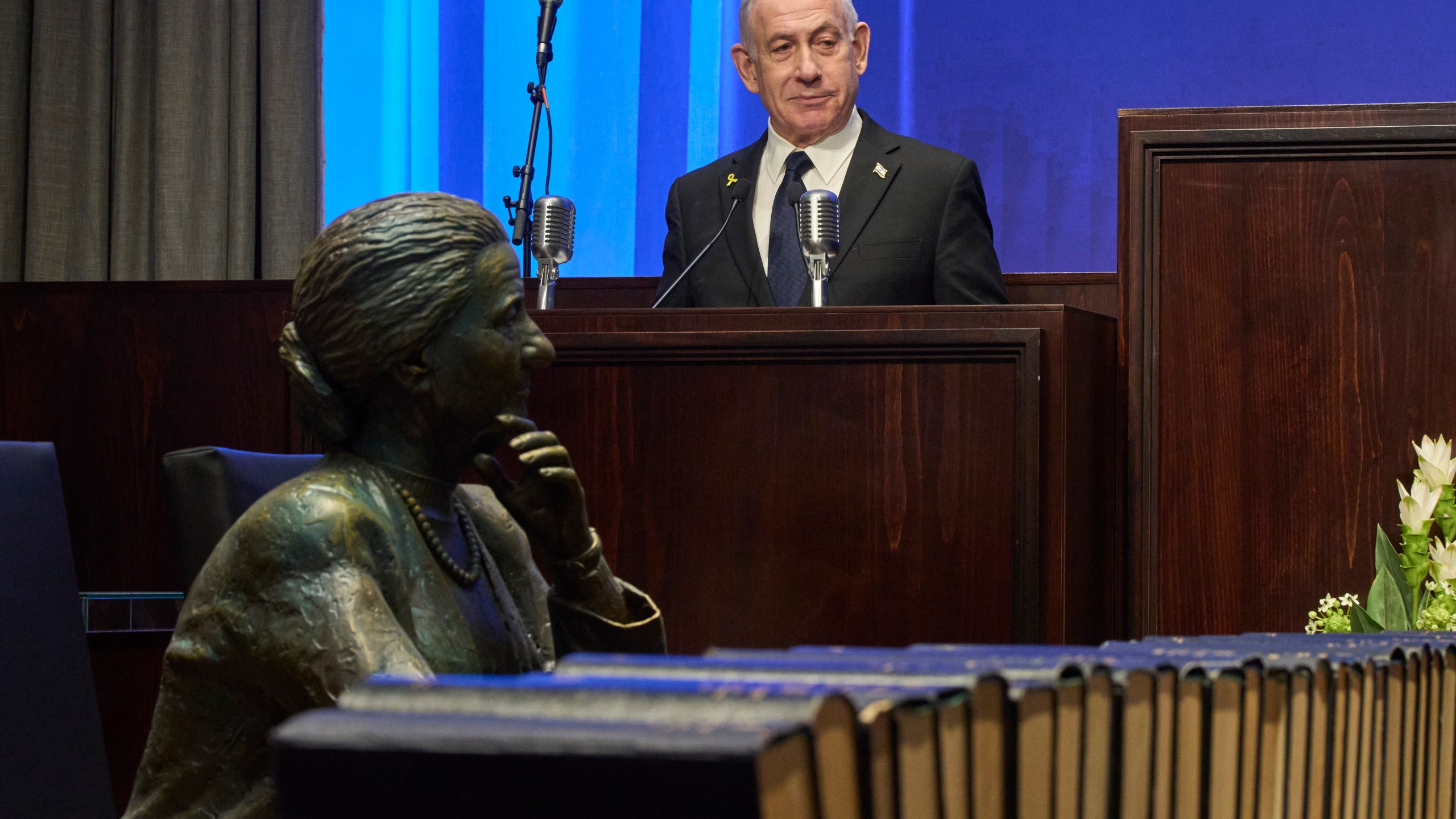 Israeli Prime Minister Benjamin Netanyahu speaks at the opening ceremony of the Knesset Museum in the old building of the Israeli parliament, in Jerusalem, Monday, Aug.11, 2025. (AP Photo/Ohad Zwigenberg, Pool)