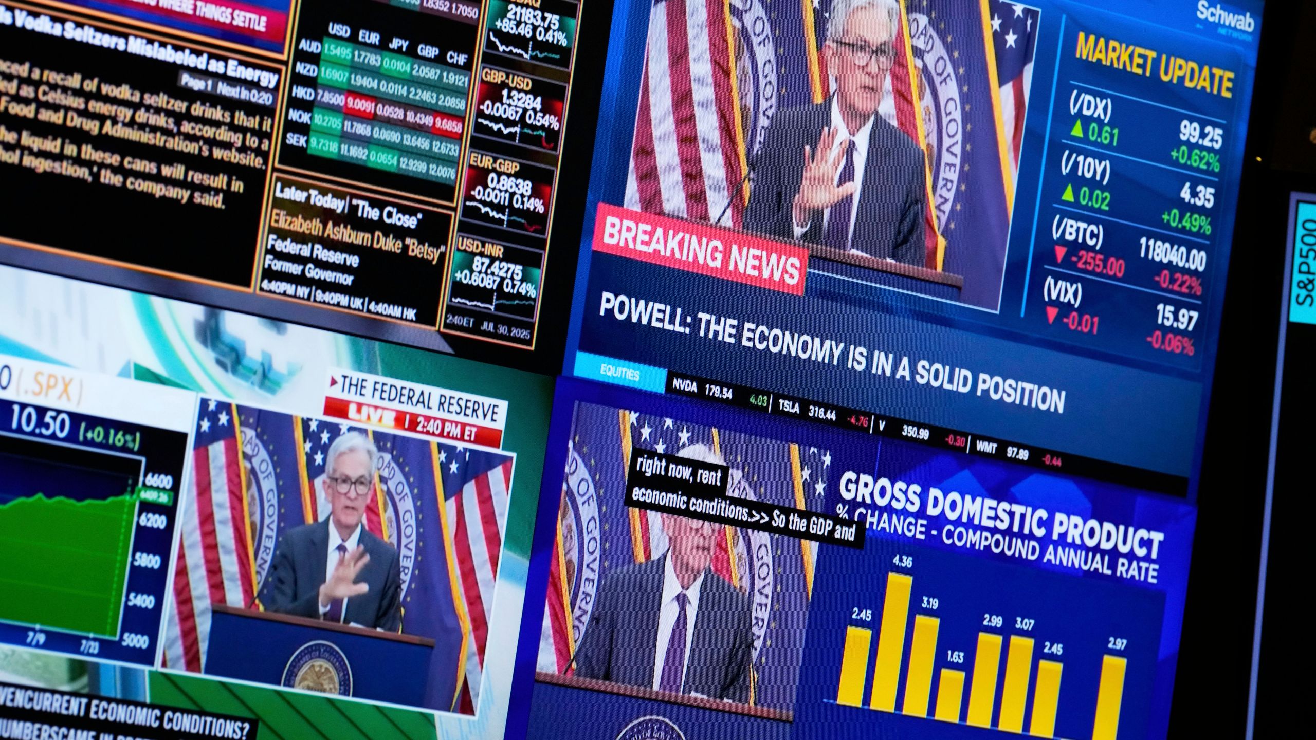 Televisions display Fed chairman Jerome Powell speaking on the floor at the New York Stock Exchange in New York, Wednesday, July 30, 2025. (AP Photo/Seth Wenig)