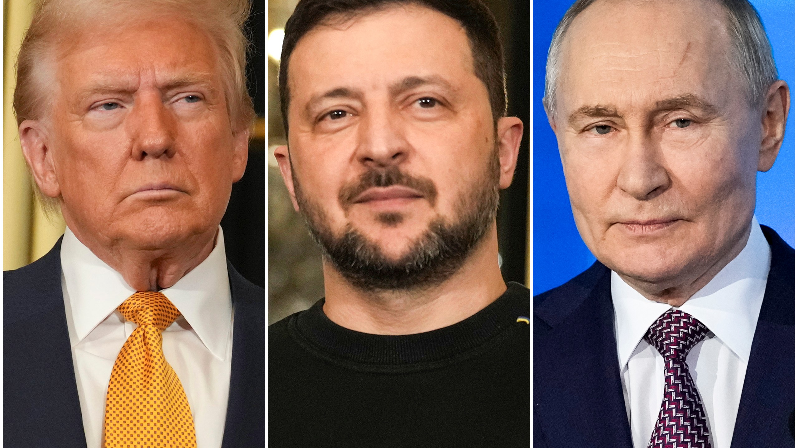 FILE - In this combination of file photos, U.S. President Donald Trump, left, and Ukraine's President Volodymyr Zelenskyy, center, are seen at the Elysee Palace, Dec. 7, 2024 in Paris, and Russian President Vladimir Putin addresses a Technology Forum in Moscow on Feb. 21, 2025. (AP Photo/Aurelien Morissard, left and center, Pavel Bednyakov, right, File)