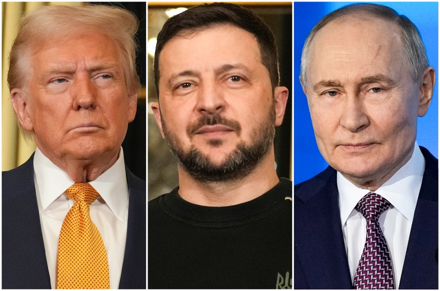 FILE - In this combination of file photos, U.S. President Donald Trump, left, and Ukraine's President Volodymyr Zelenskyy, center, are seen at the Elysee Palace, Dec. 7, 2024 in Paris, and Russian President Vladimir Putin addresses a Technology Forum in Moscow on Feb. 21, 2025. (AP Photo/Aurelien Morissard, left and center, Pavel Bednyakov, right, File)