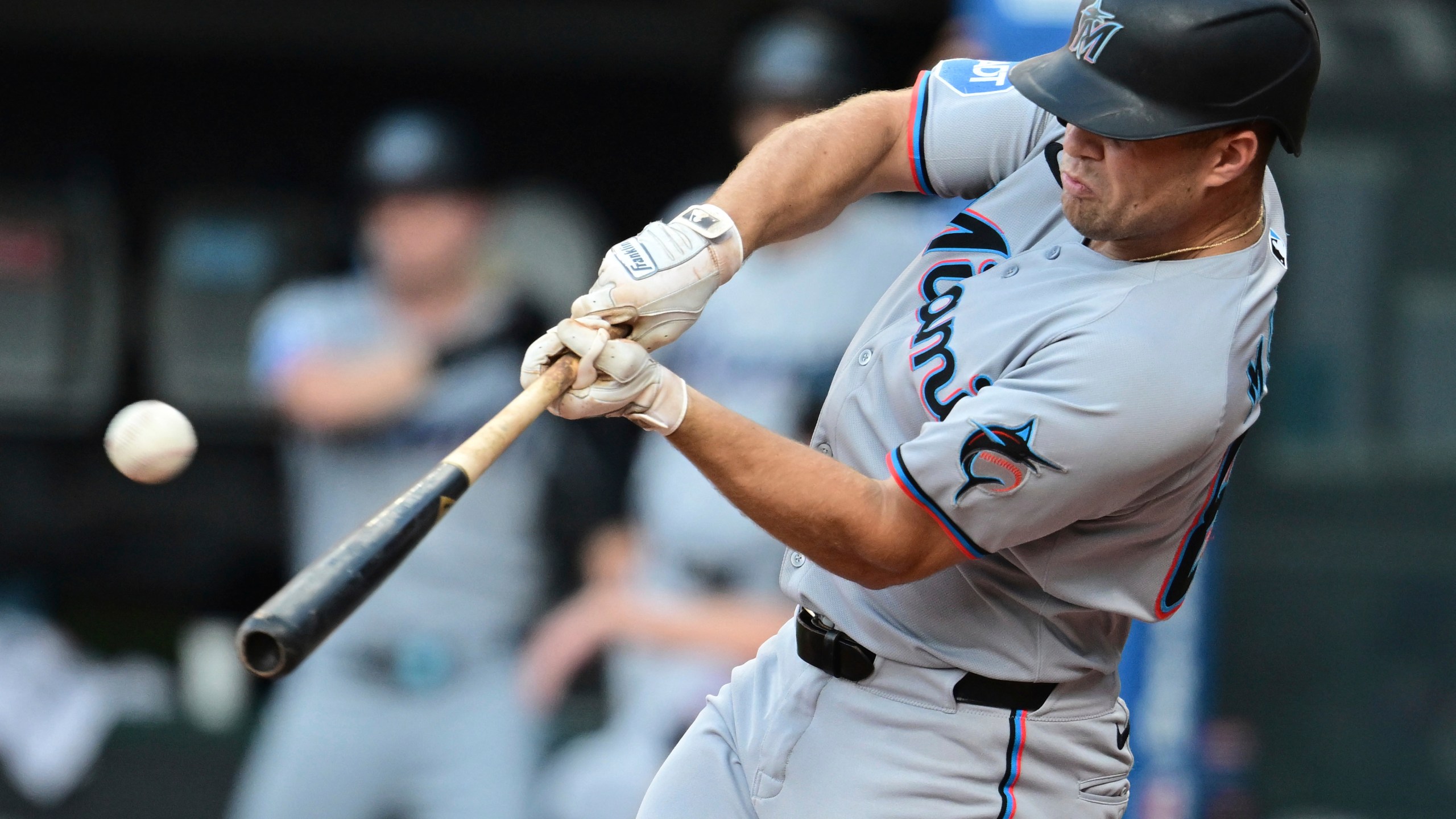 Miami Marlins' Jakob Marsee hits a three run home run off Cleveland Guardians starting pitcher Gavin Williams during the first inning of a baseball game, Wednesday, Aug. 13, 2025, in Cleveland. (AP Photo/David Dermer)