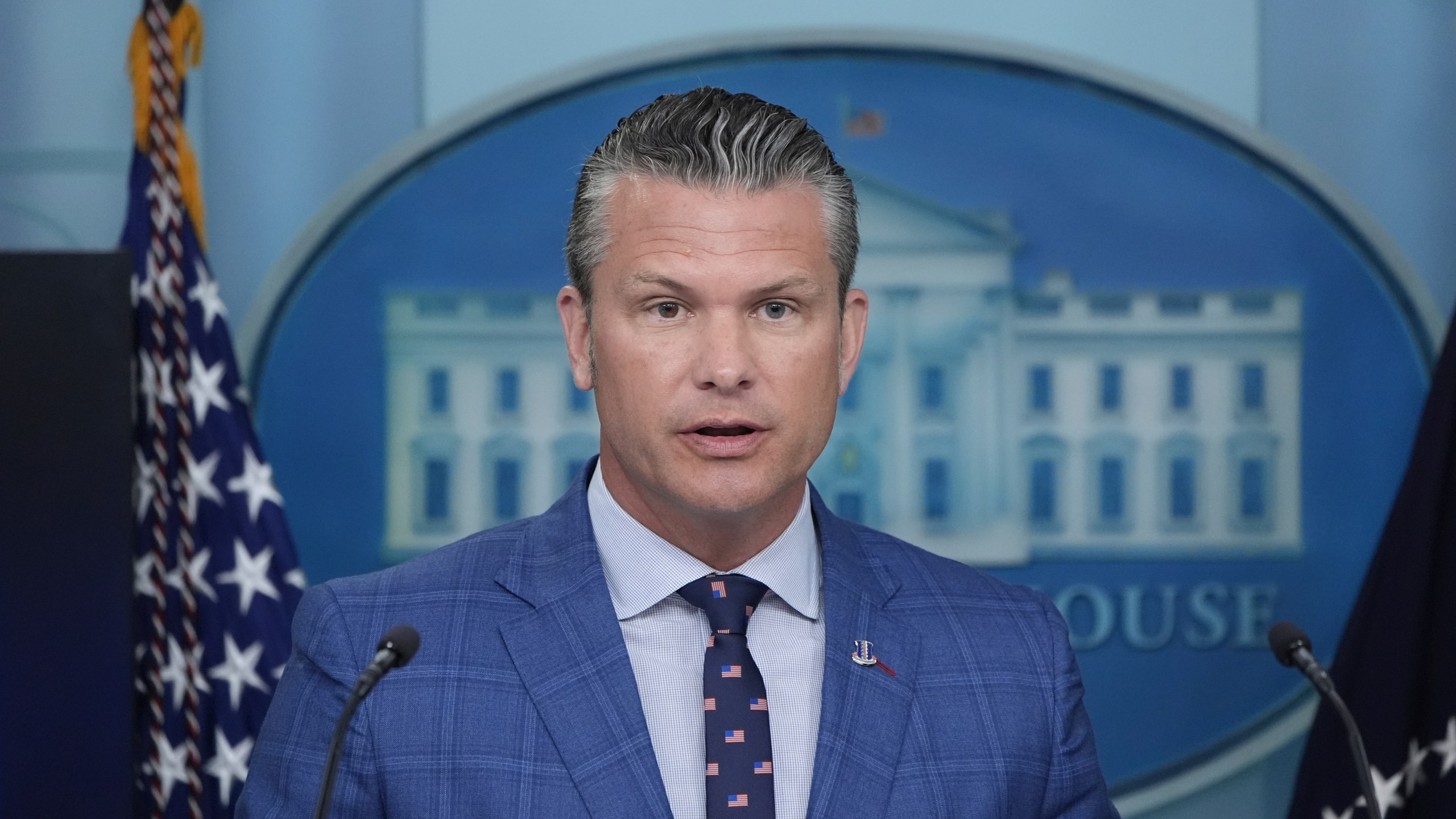Secretary of Defense Pete Hegseth speaks during a press briefing with President Donald Trump in the James Brady Press Briefing Room at the White House, Monday, Aug. 11, 2025, in Washington. (AP Photo/Alex Brandon)