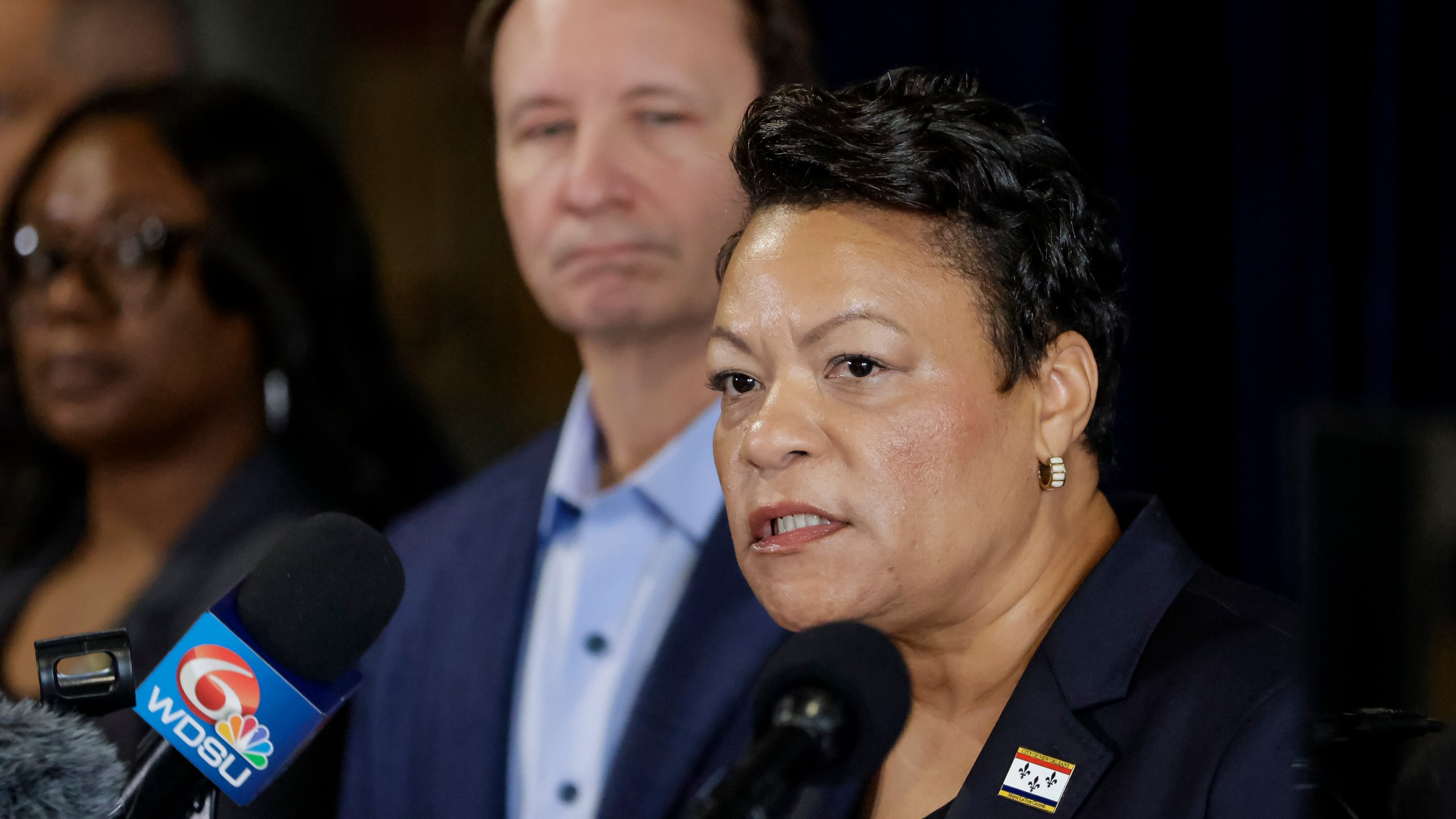 FILE - New Orleans Mayor LaToya Cantrell, right, speaks as Louisiana Gov. Jeff Landry listens during a news conference at the FBI Headquarters in New Orleans, Jan. 5, 2025. (Scott Threlkeld/The Times-Picayune/The New Orleans Advocate via AP, File)