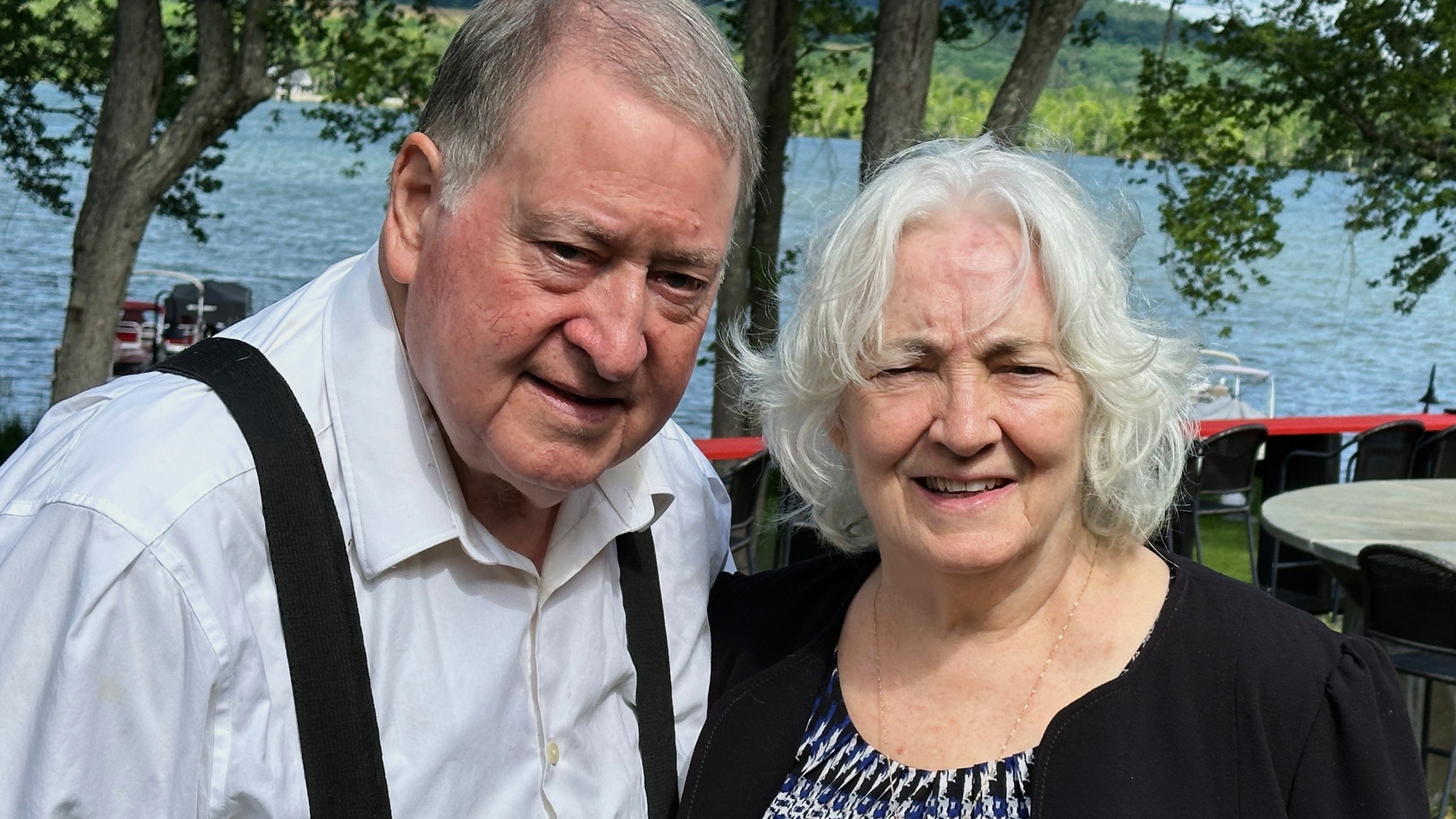 Gene and Christine Corrigan stand outside their restaurant, The Lake House Restaurant & Lodge, in Richfield Springs, N.Y., on Friday, July 18, 2025. (AP Photo/Michael Hill)