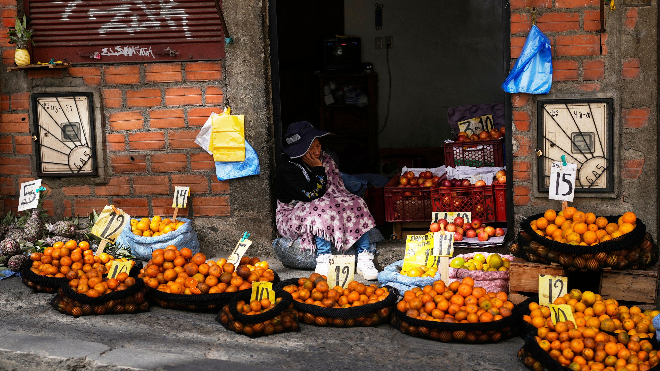 FILE - A fruit vendor waits for customers in La Paz, Bolivia, Aug. 8, 2025. (AP Photo/Juan Karita, File)
