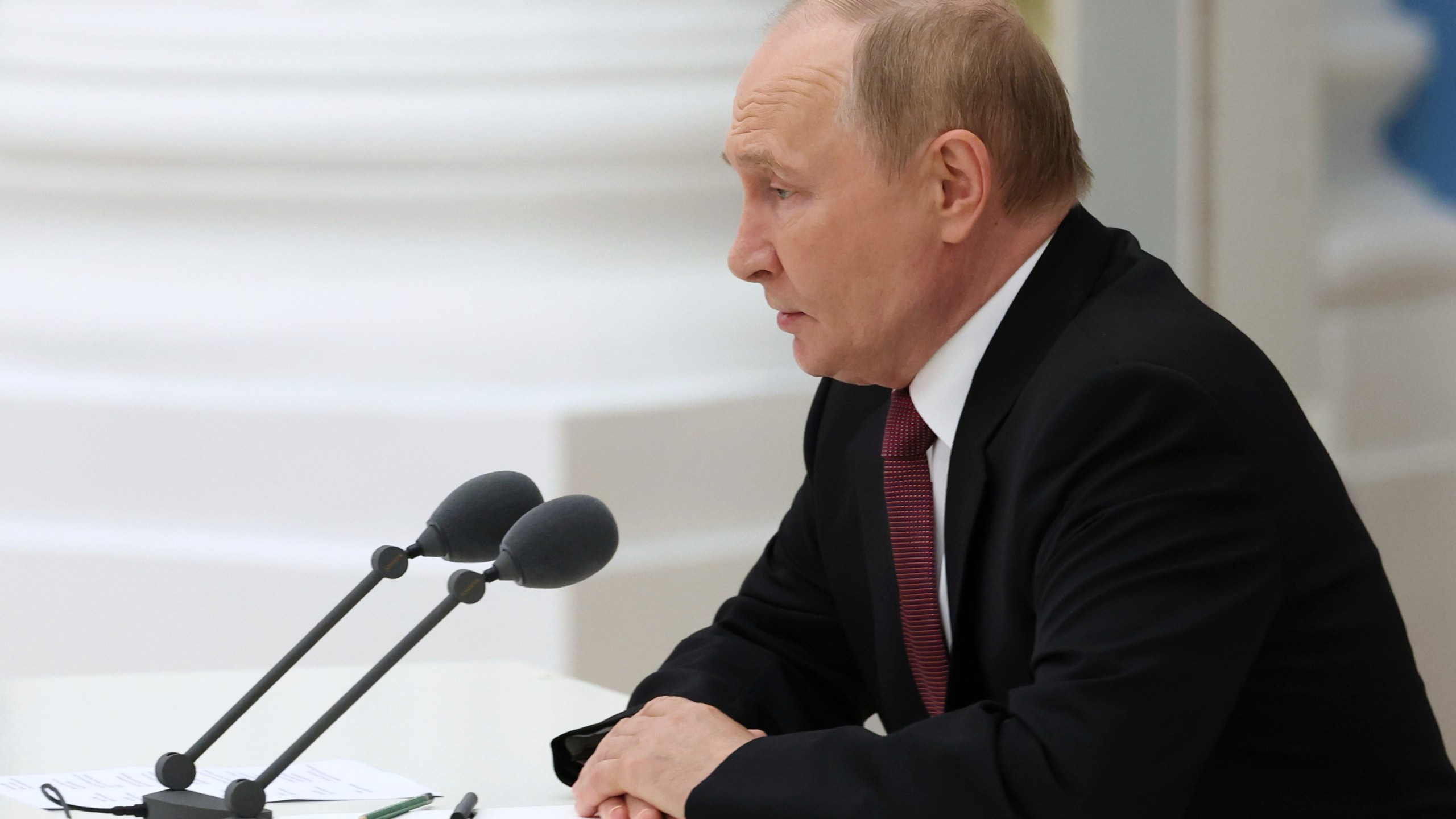 Russian President Vladimir Putin speaks during a working meeting to discuss the results of the Russia-US summit in Alaska at the Kremlin in Moscow, Russia, on Saturday, Aug. 16, 2025. (Vyacheslav Prokofyev, Sputnik, Kremlin Pool Photo via AP)