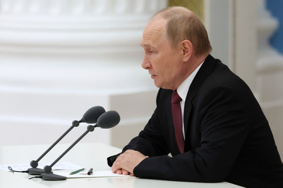 Russian President Vladimir Putin speaks during a working meeting to discuss the results of the Russia-US summit in Alaska at the Kremlin in Moscow, Russia, on Saturday, Aug. 16, 2025. (Vyacheslav Prokofyev, Sputnik, Kremlin Pool Photo via AP)