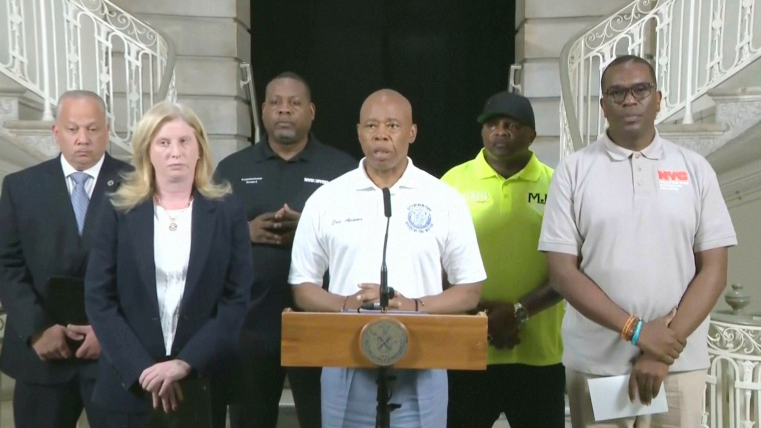 This image taken from video provided by the New York Police Department shows mayor Eric Adams speaking during a news conference in New York, Sunday, Aug. 17, 2025. (NYPD via AP)